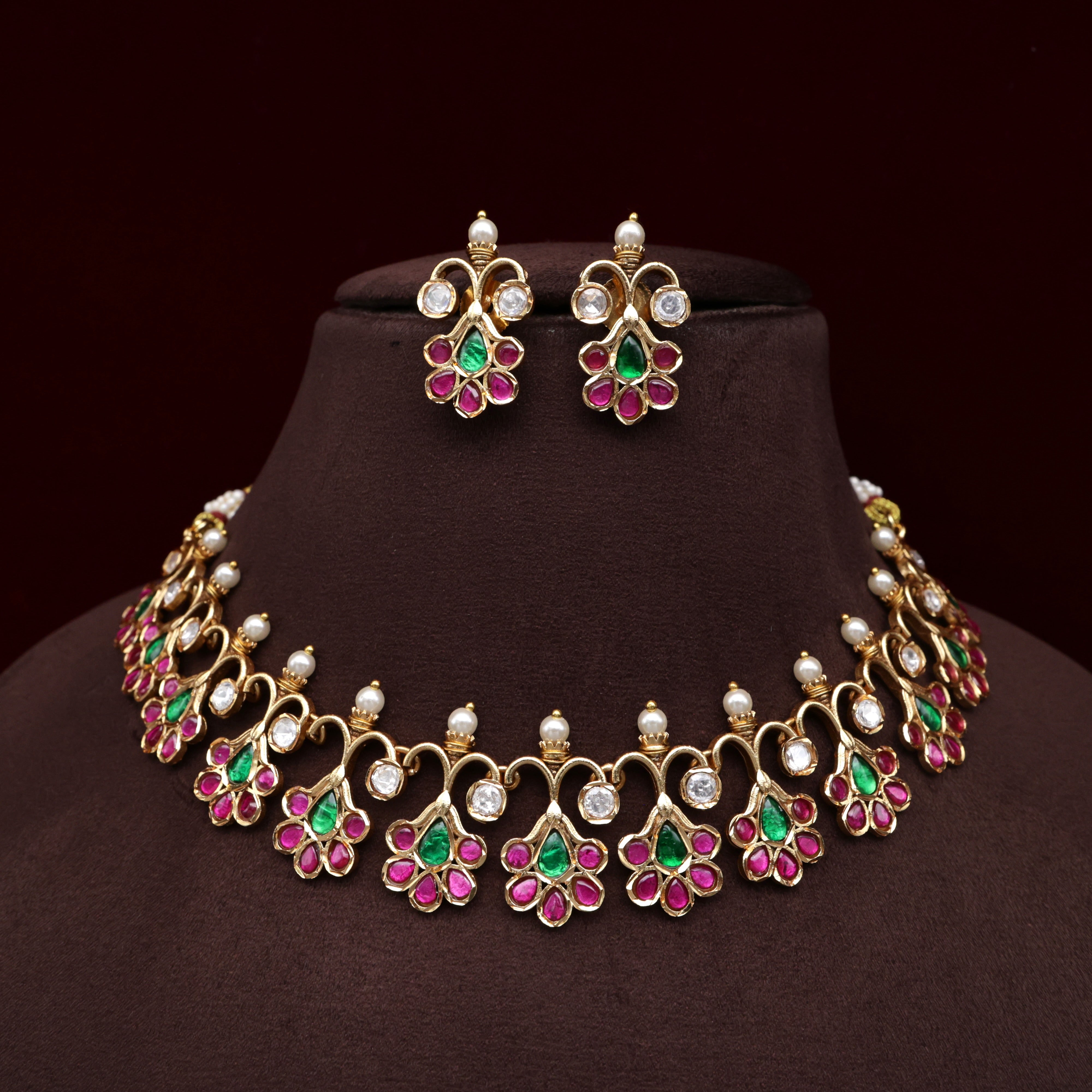 Jadau Kundan Hanging Flower Bridal Necklace Set - Multi