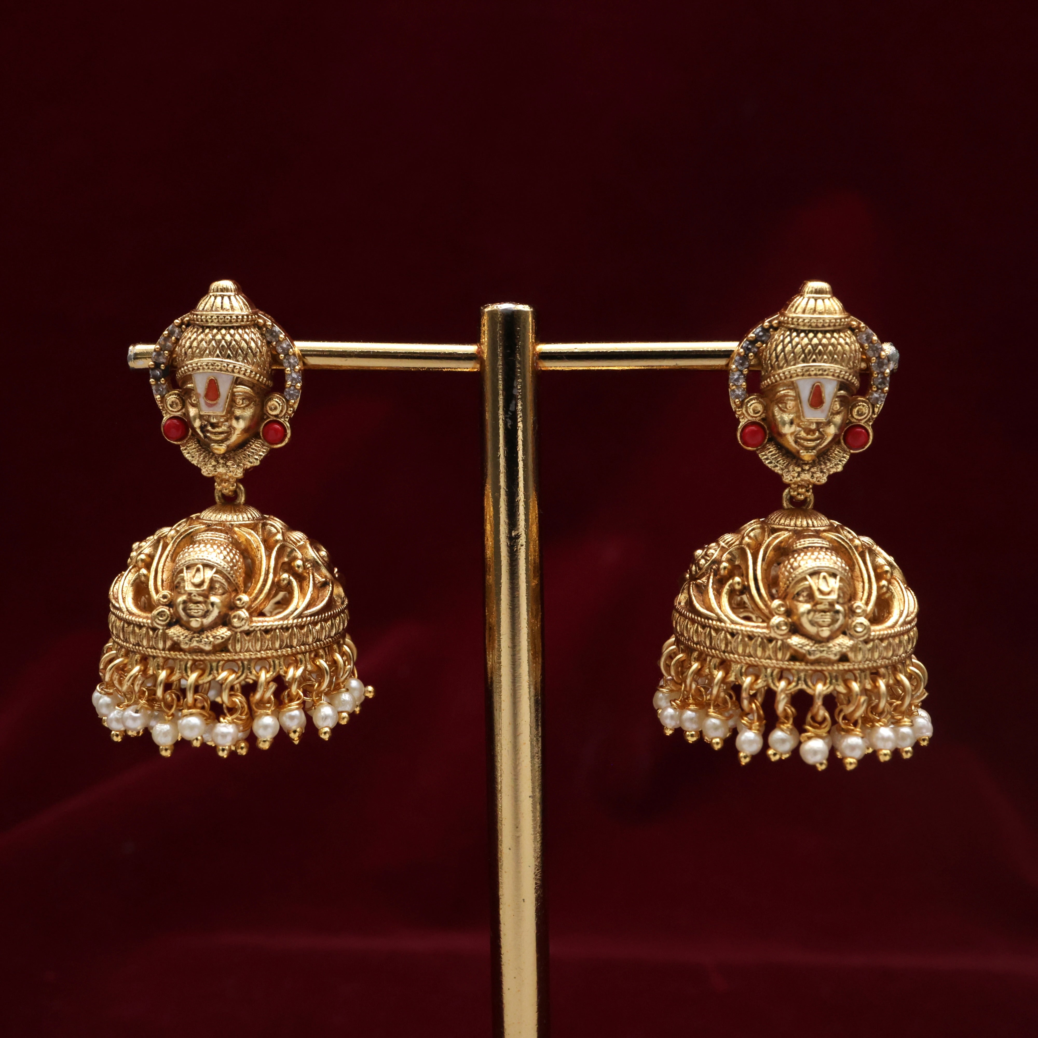 Antique Nagas Enamel Work Lord Balaji Bridal Jhumkas - Coral
