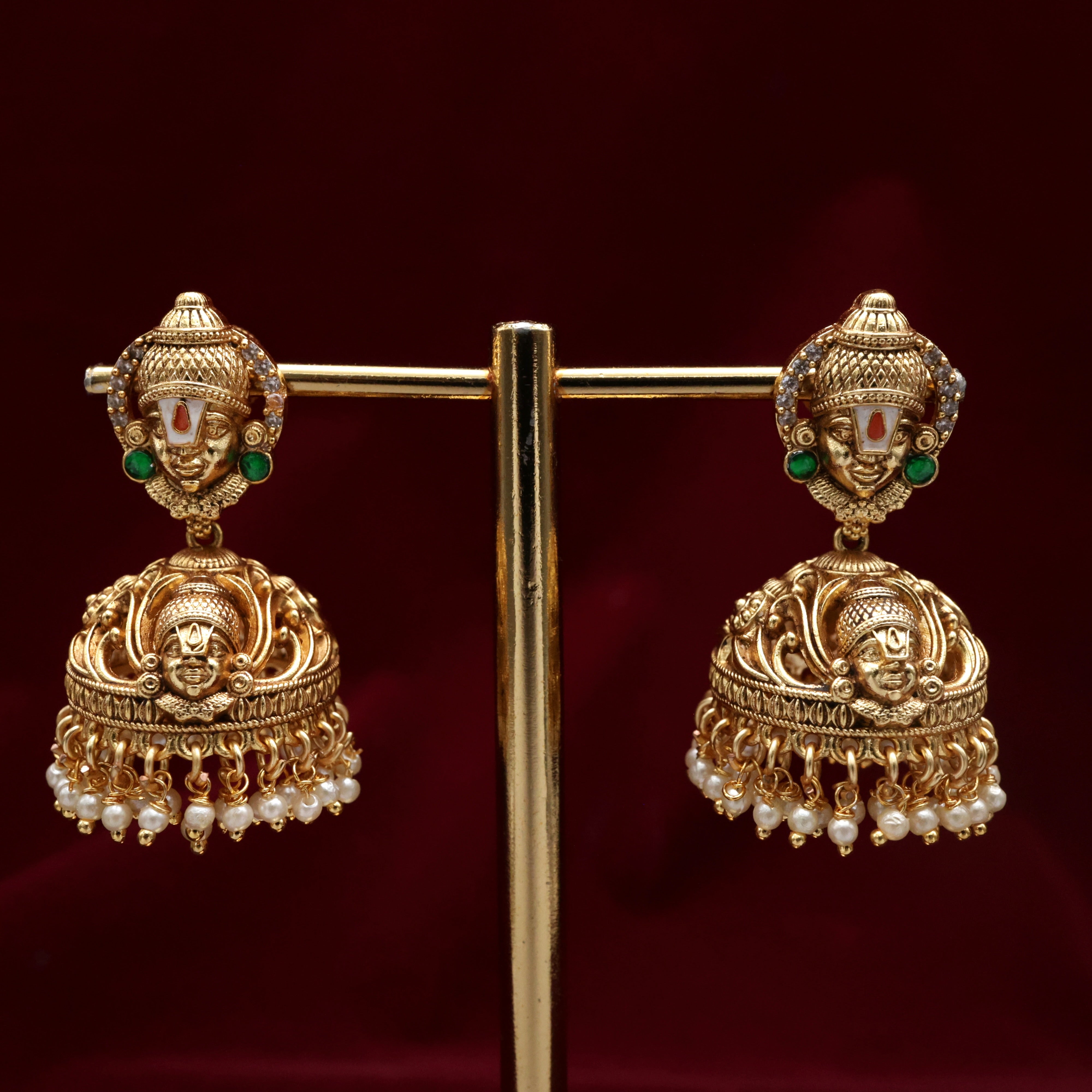 Antique Nagas Jadau Kundan Enamel Work Lord Balaji Bridal Jhumkas - Green