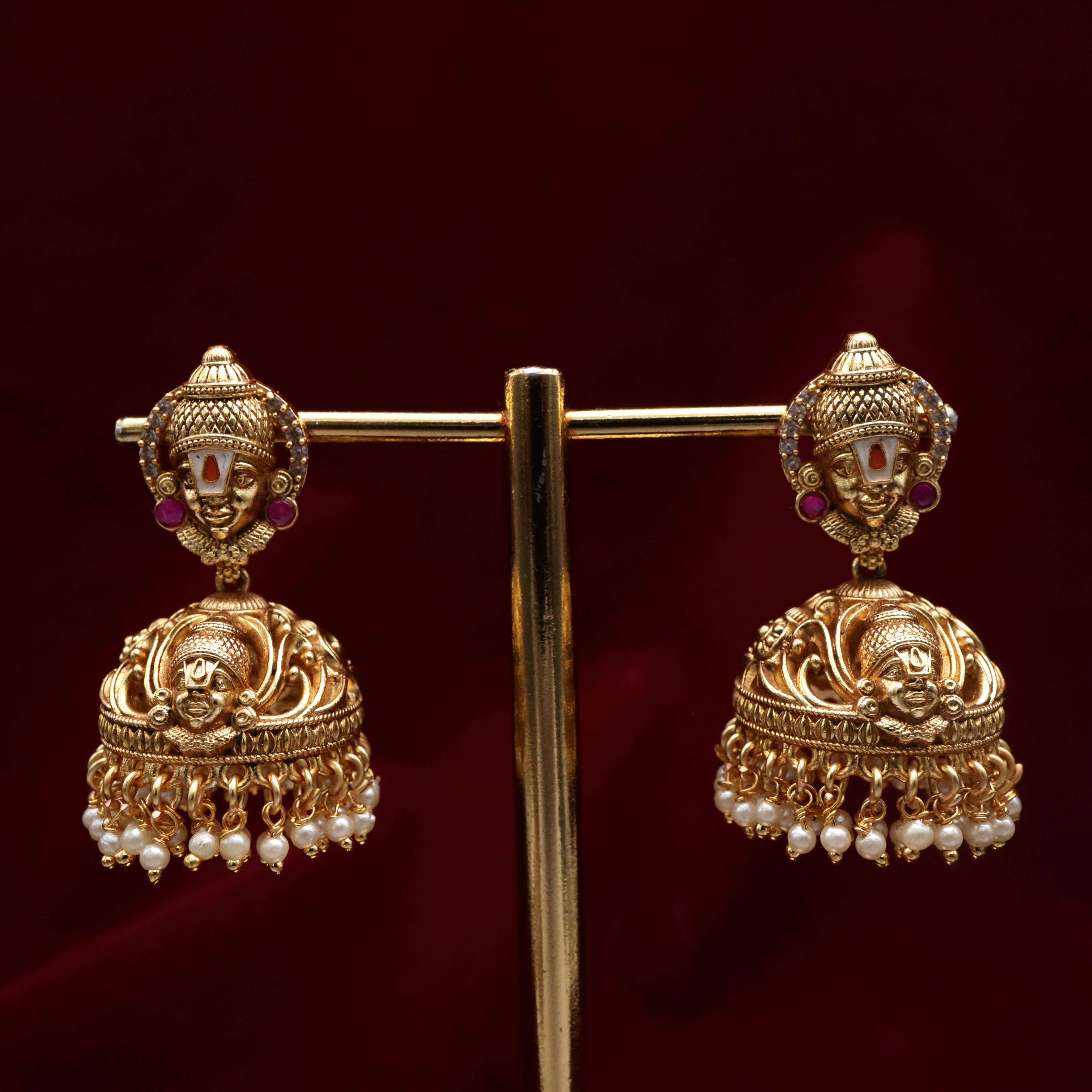 Antique Nagas Jadau Kundan Enamel Work Lord Balaji Bridal Jhumkas - Rani