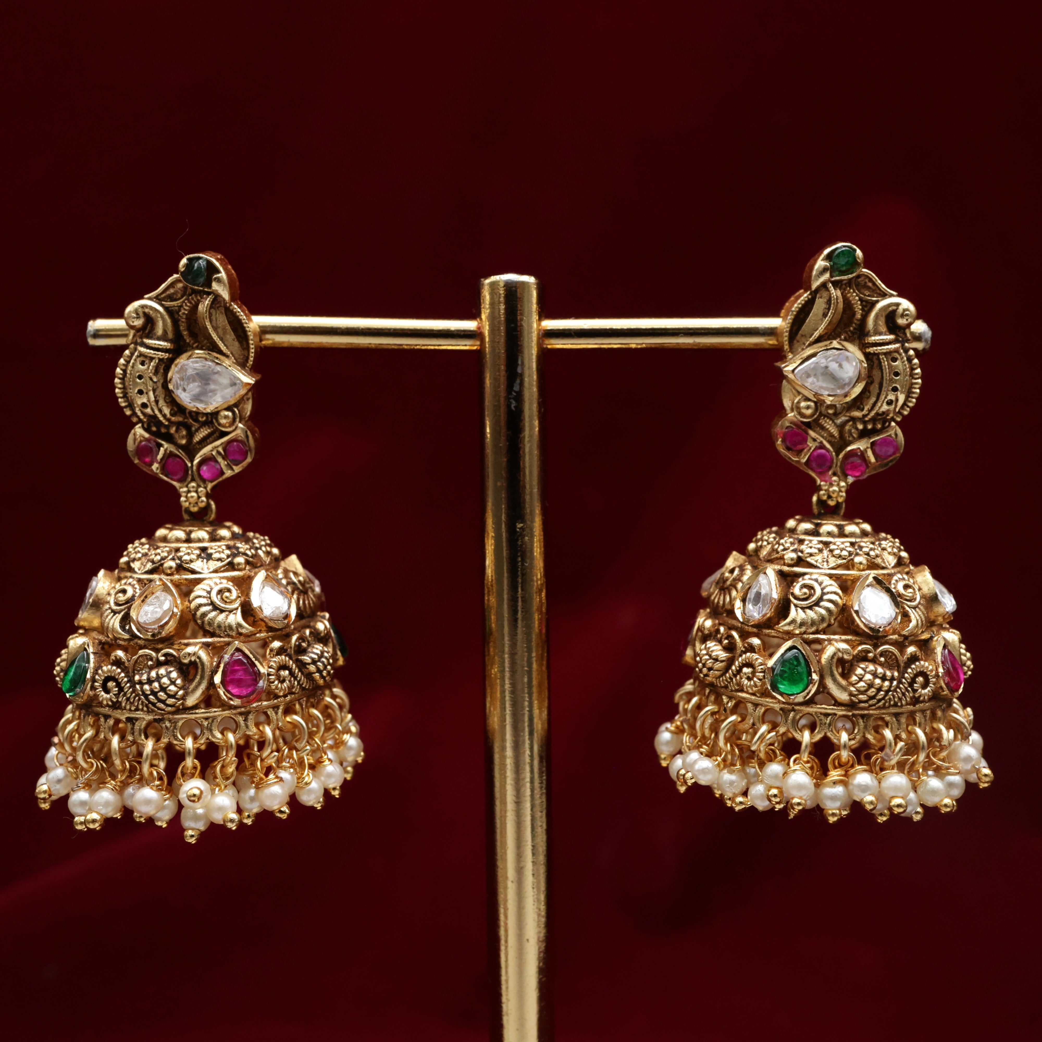 Antique Nagas Moissanite Kundan Peacock Bridal Jhumkas