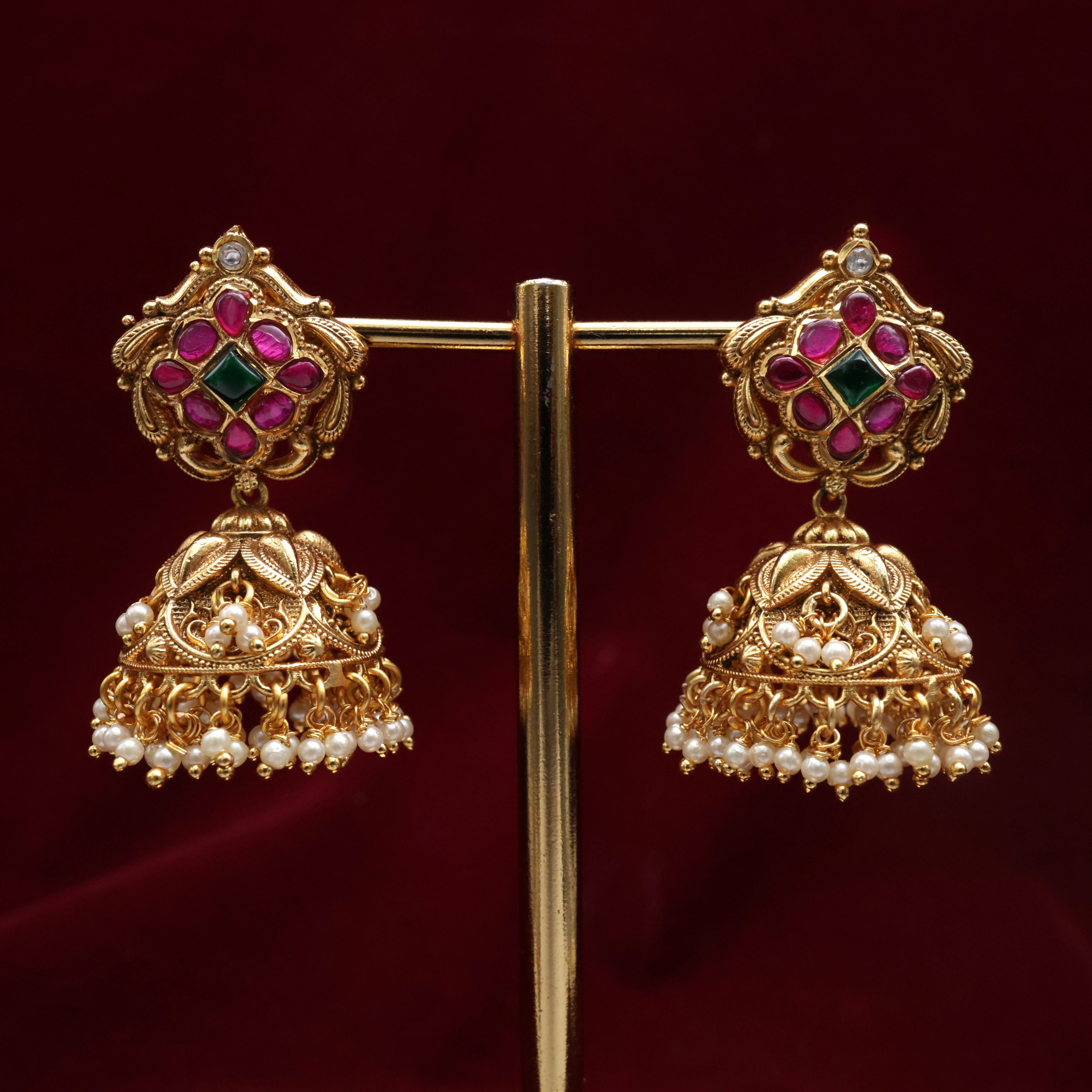 Antique Nagas Rangoli Stud Premium Kemp Bridal Jhumkas