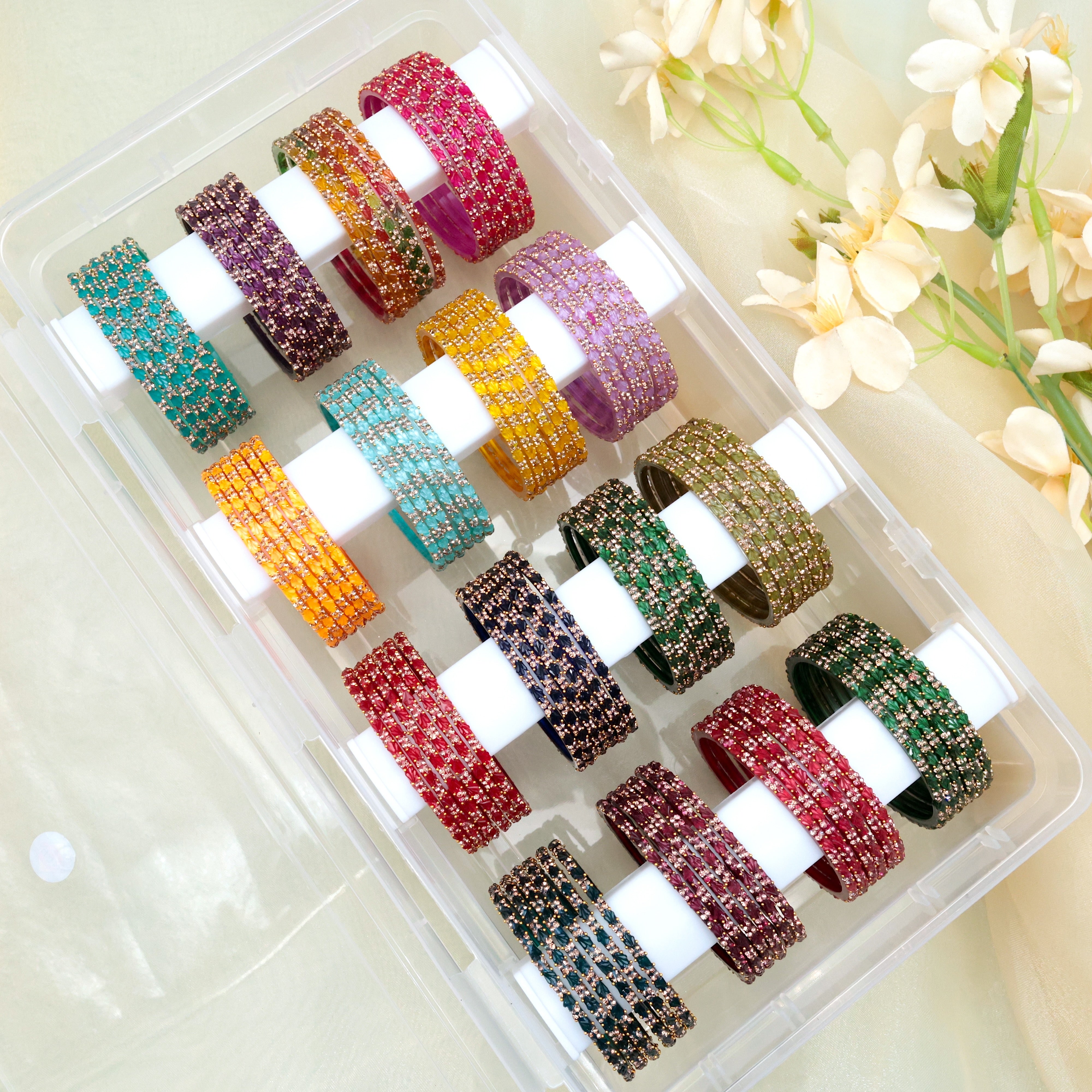 Grand Heavy Work Tulip Glass Bridal Bangles - 8 Dozens Combo (16 Colours)