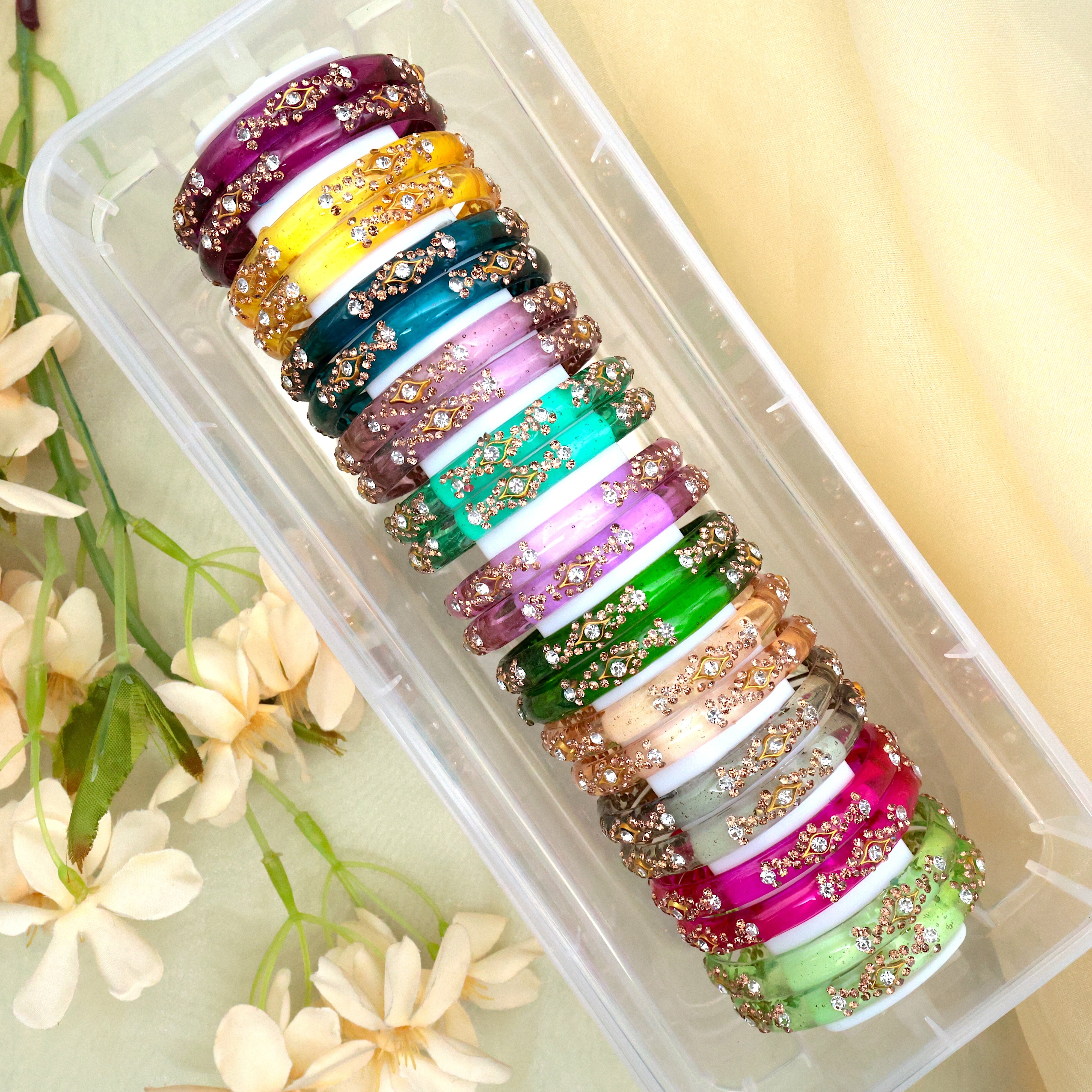 Pack of 12 Thick Round Stone Work Bangles - Set of 2 Bangles in 12 Colours
