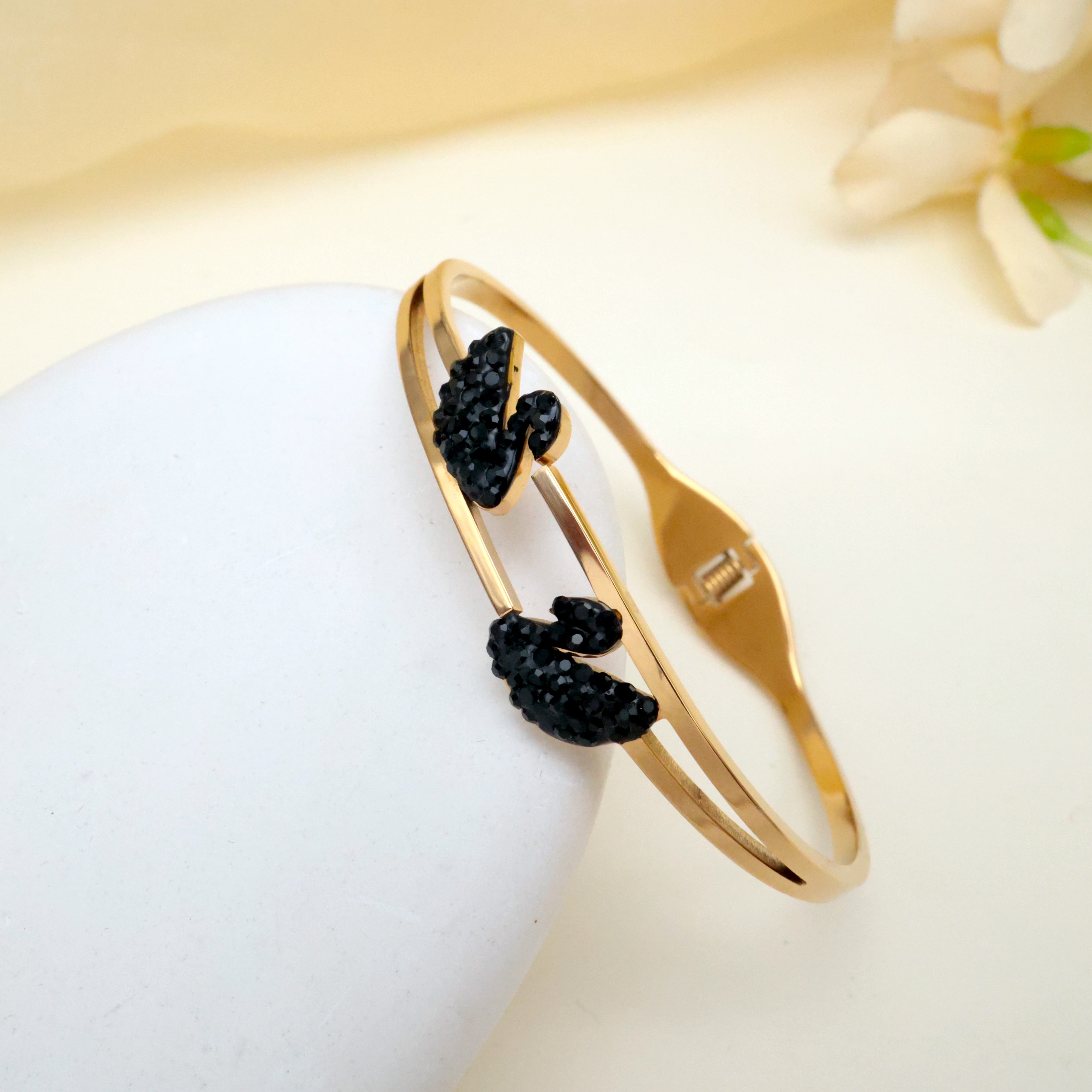 GOLD TONE ANTI TARNISH BRACELET FOR WOMEN - BLACK SWANS