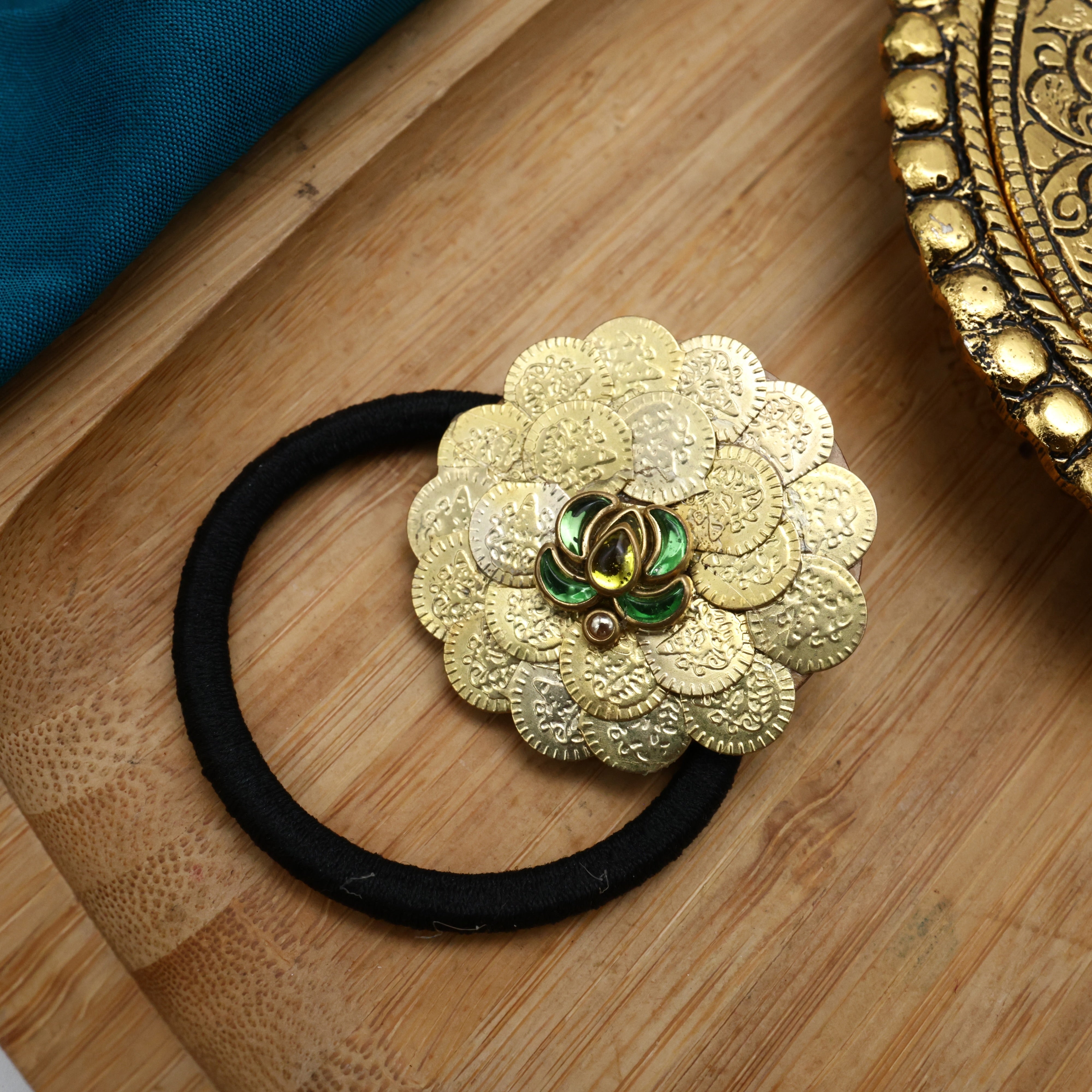 Handmade Lakshmi Coin Kundan Lotus Elastic Hair Band