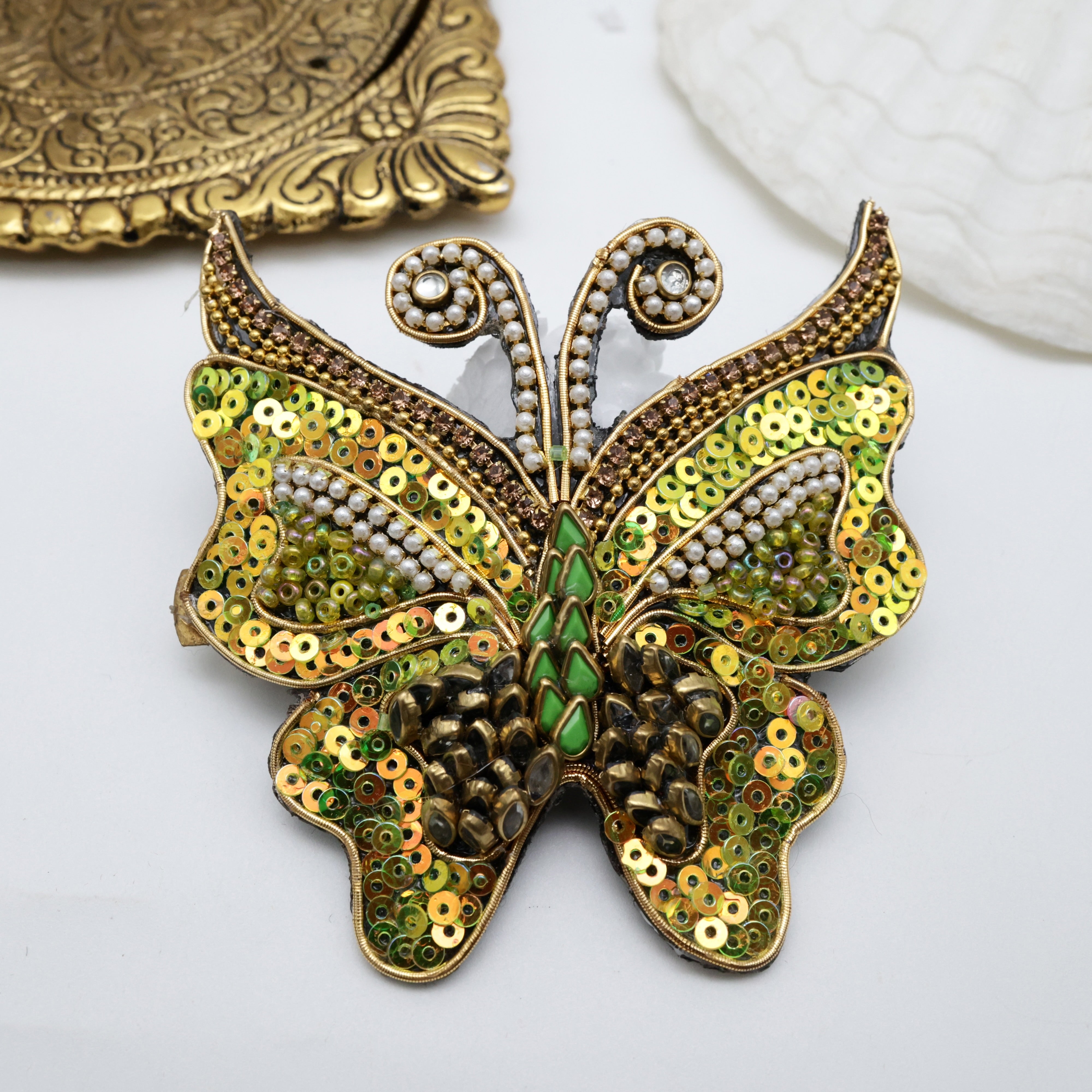 Handmade Sequins Kundan Butterfly French Barrette Hair Clip For Women