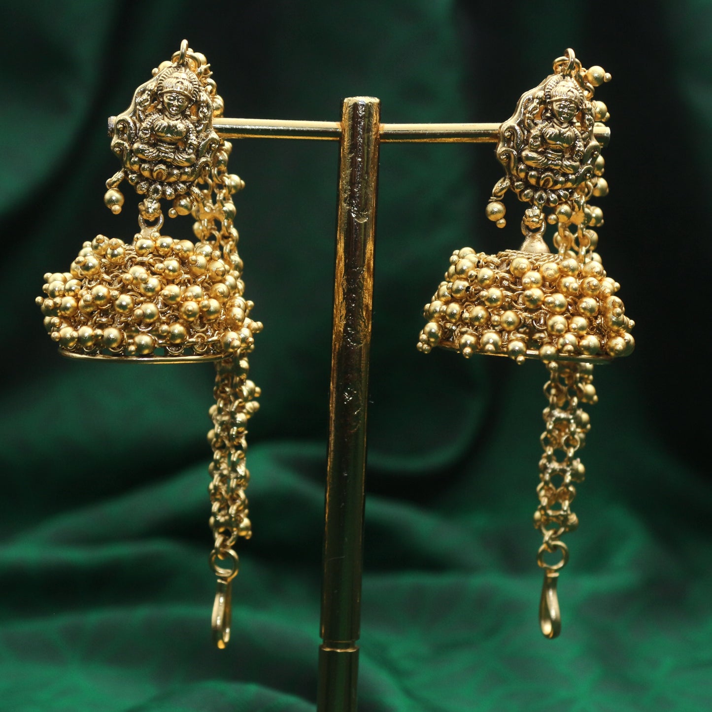 Antique Gold Premium Pearl Bunch Lakshmi Jhumkas with Ear Chain/Maatal