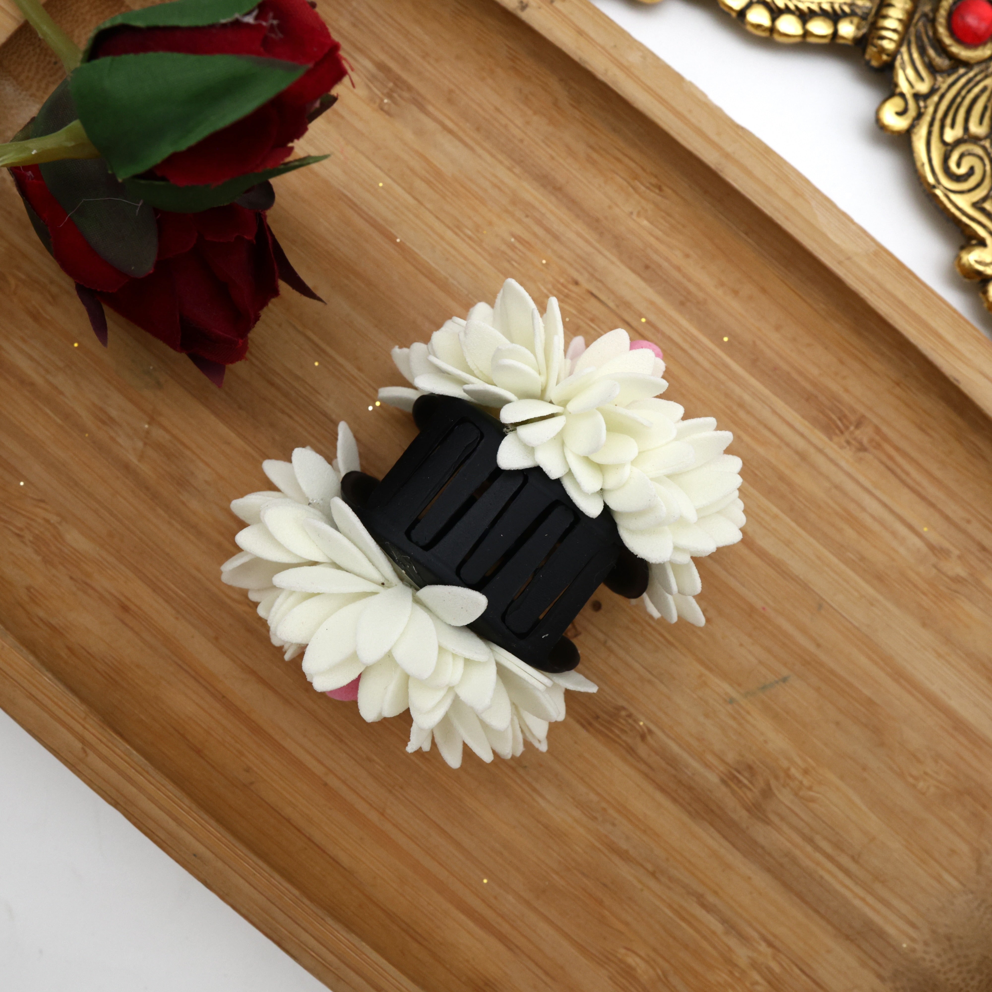 Handmade Foam Mulla Poo With Jathi Poo Claw Clips For Women