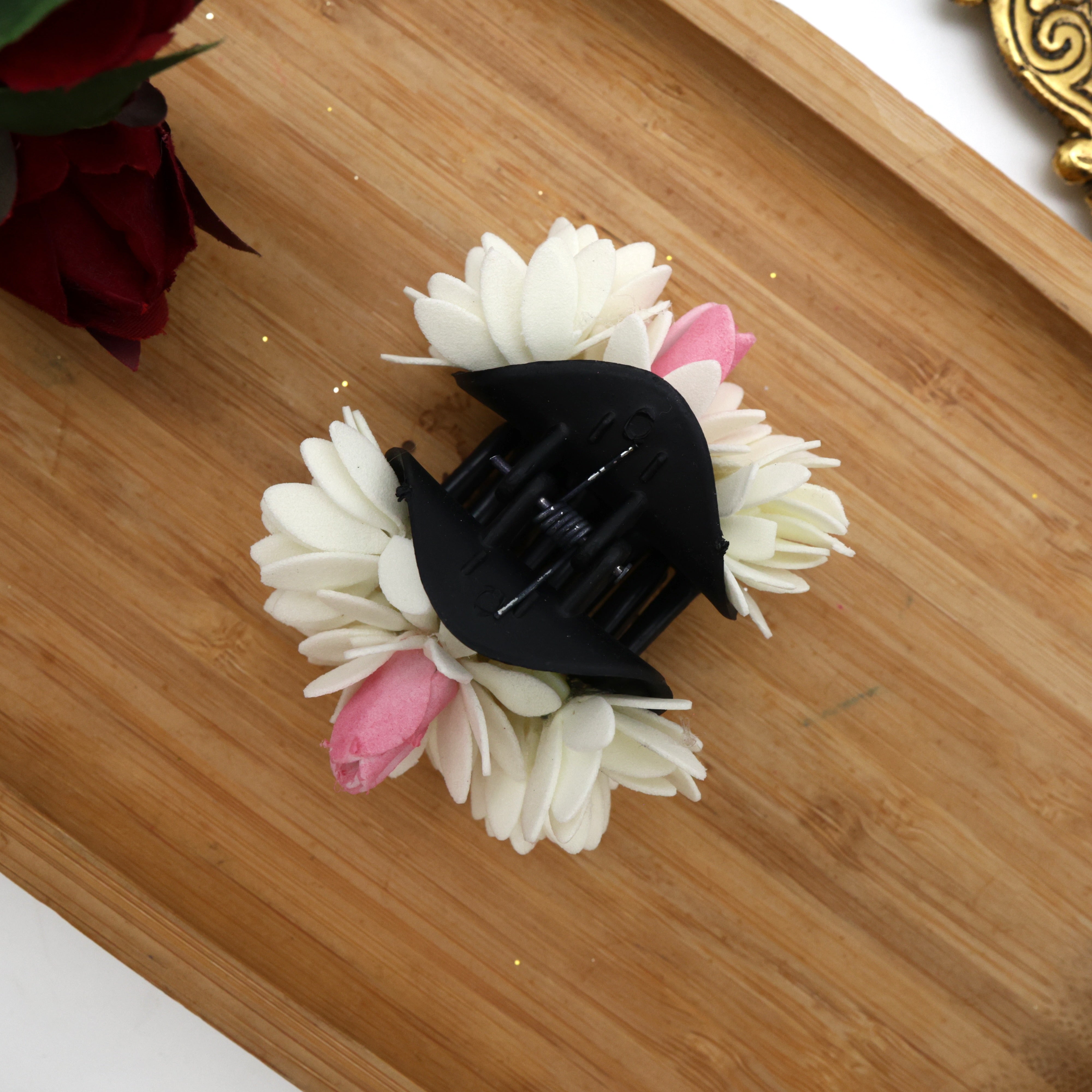 Handmade Foam Mulla Poo With Jathi Poo Claw Clips For Women