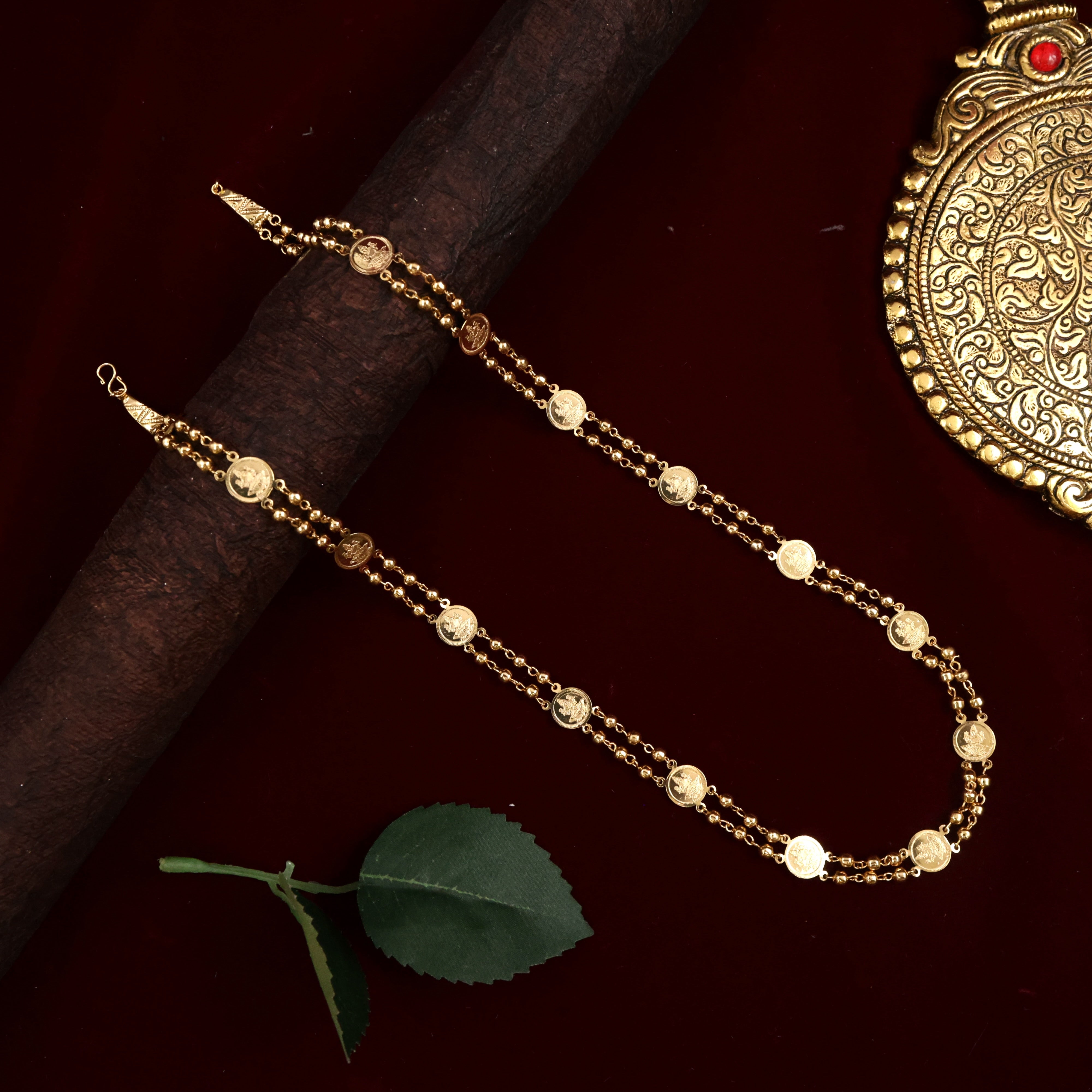 REAL GOLD TONE TRADITIONAL DOUBLE LINE LAKSHMI COIN MALA