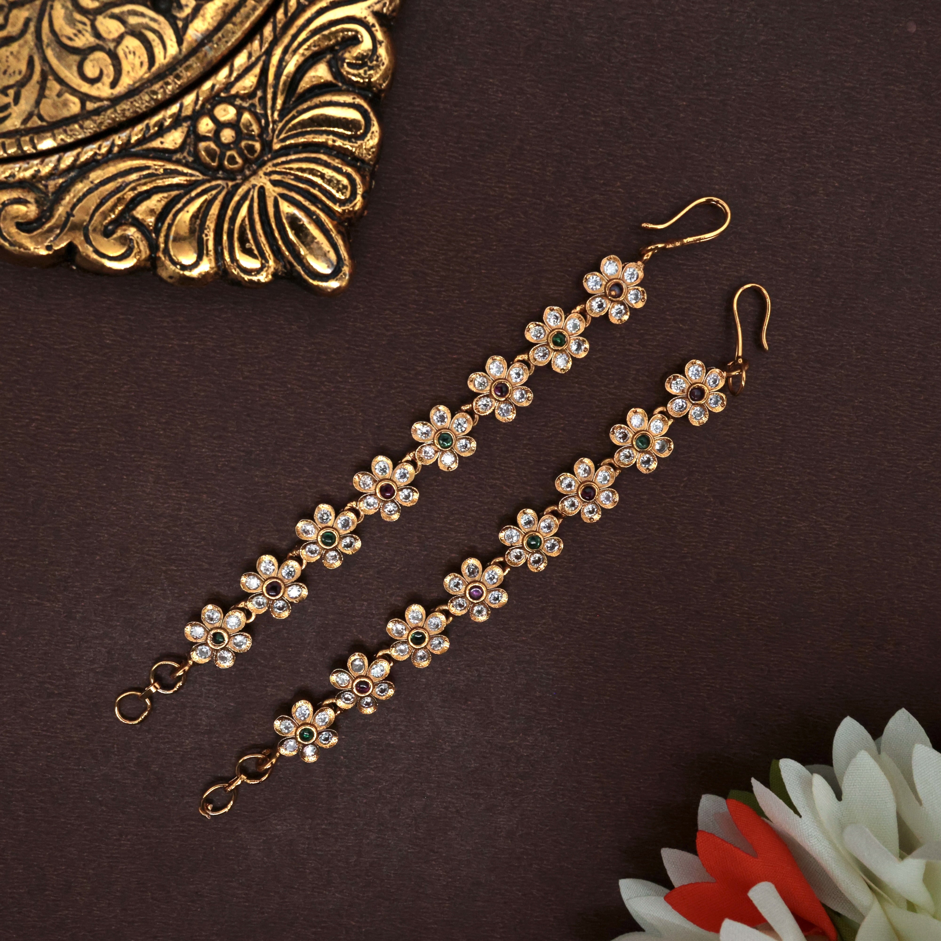 AD Flower Drops Bridal Straight Maatal / Ear Chain - Ruby & Green