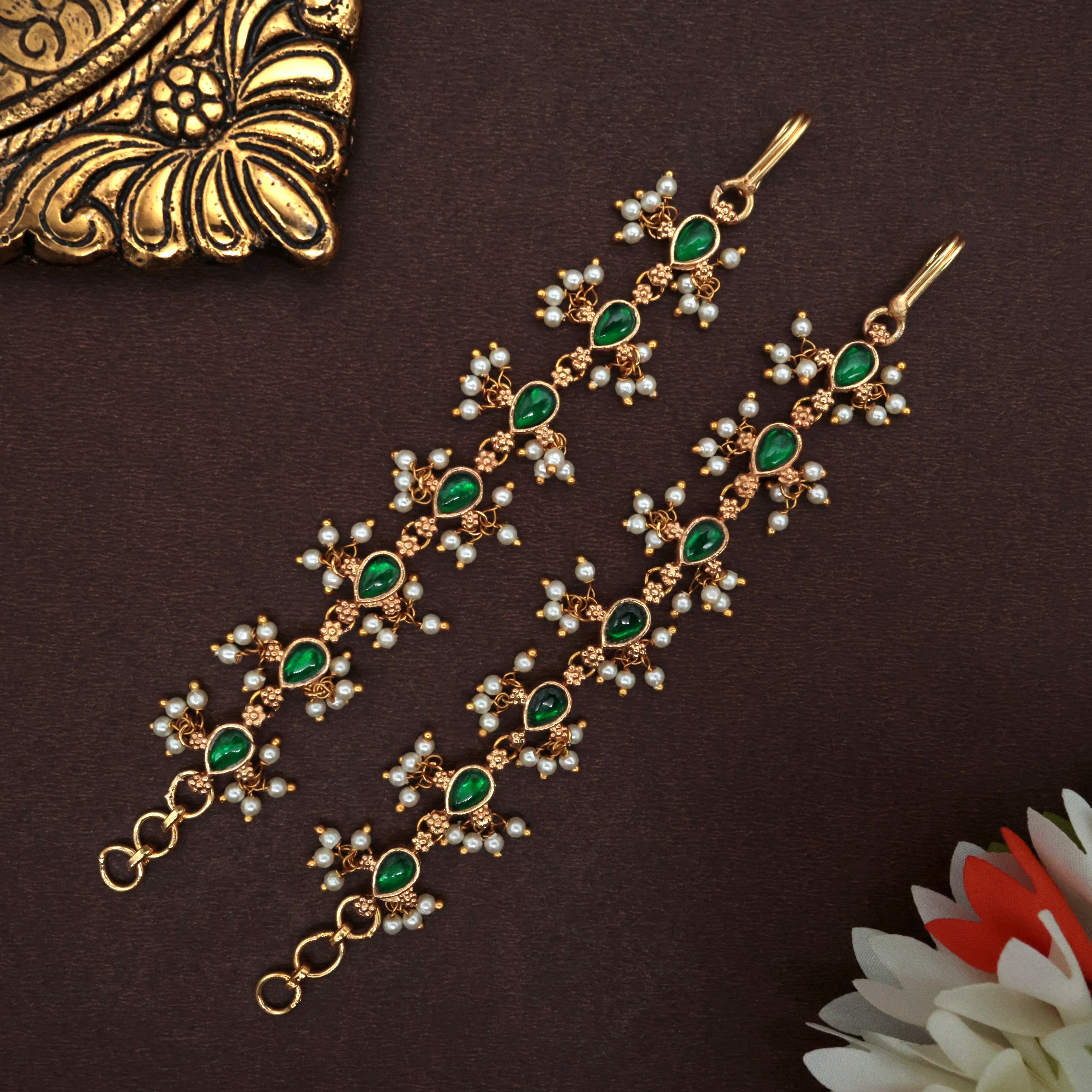 Jadau Kundan Drops Traditional Bridal Straight Maatal / Ear Chain - Green