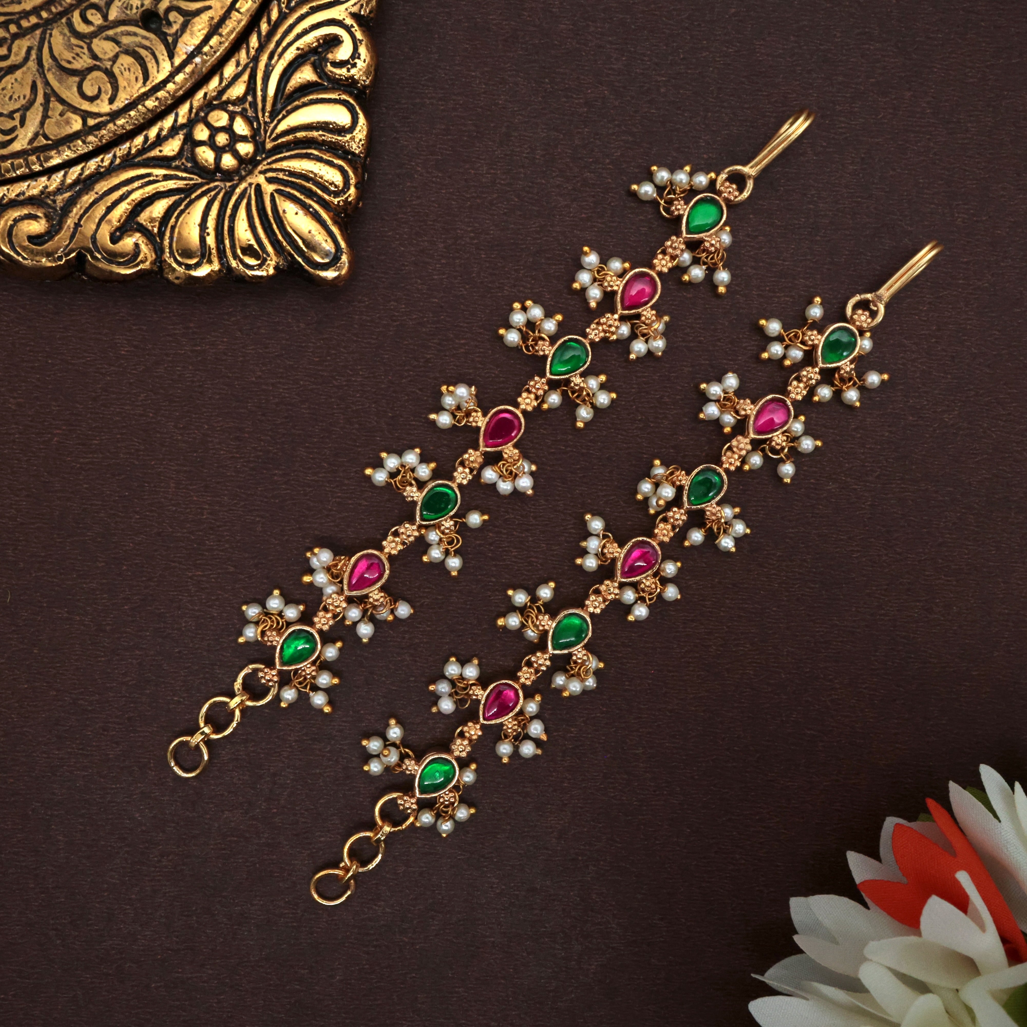 Jadau Kundan Drops Traditional Bridal Straight Maatal / Ear Chain - Ruby & Green