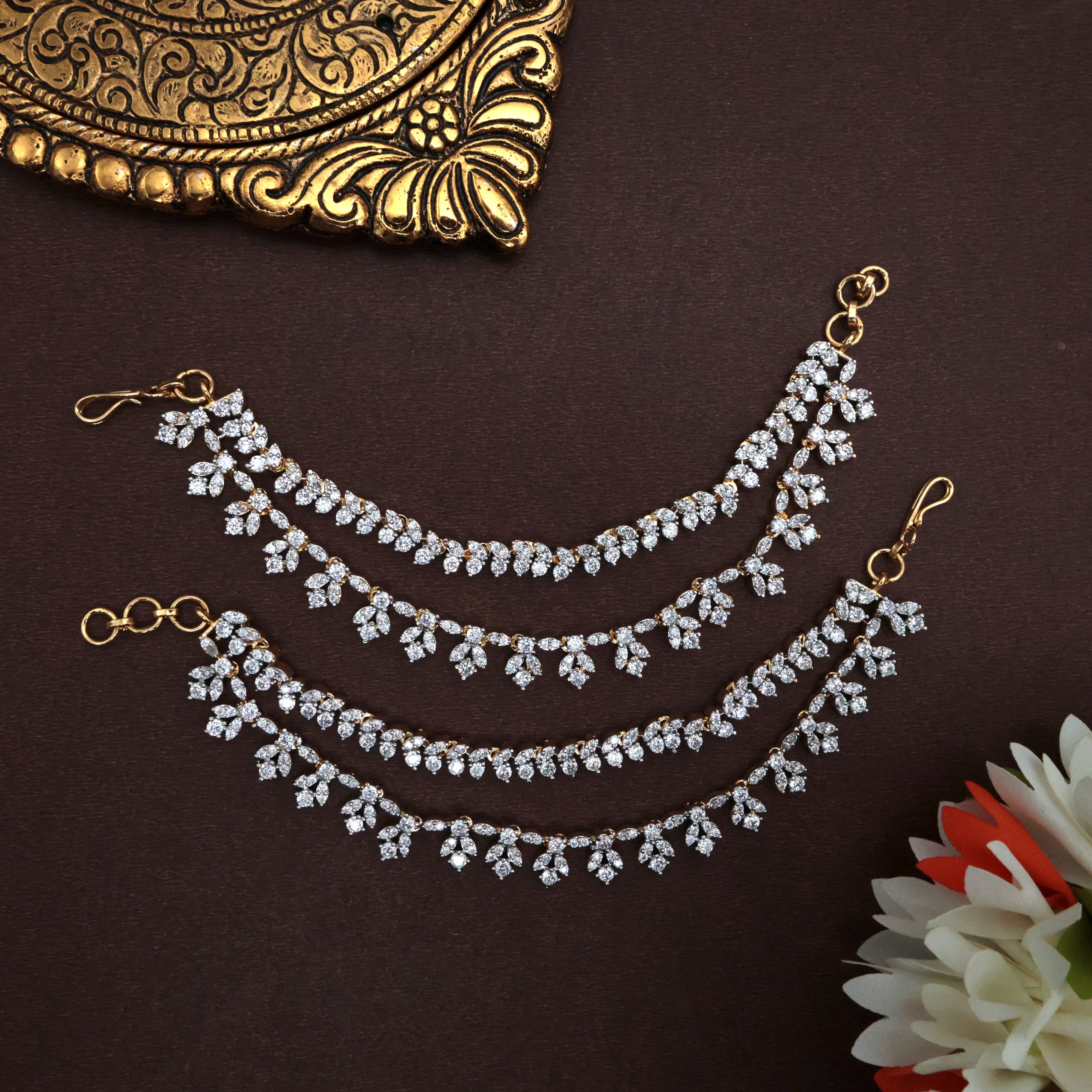 2 Line AD Diamond Look Leaf Bridal Ear Chain / Maatal