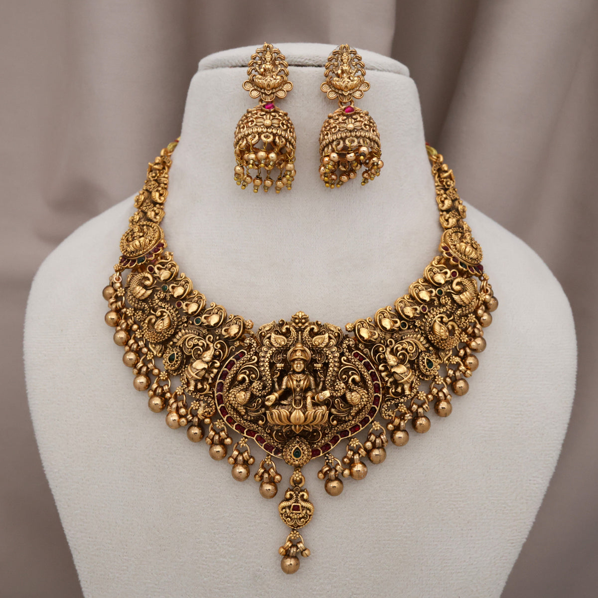 Antique Matte Nagas Mahalakshmi Devi Budget Bridal Necklace Set