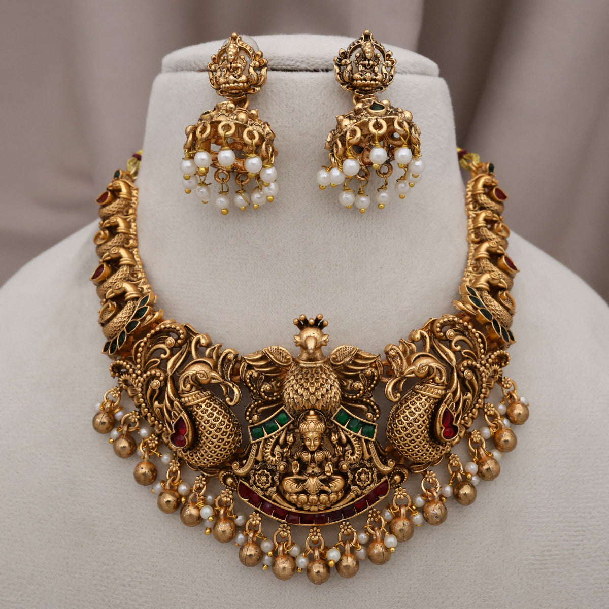 3D Gold Look Antique Matte Annam Lakshmi Budget Bridal Necklace Set