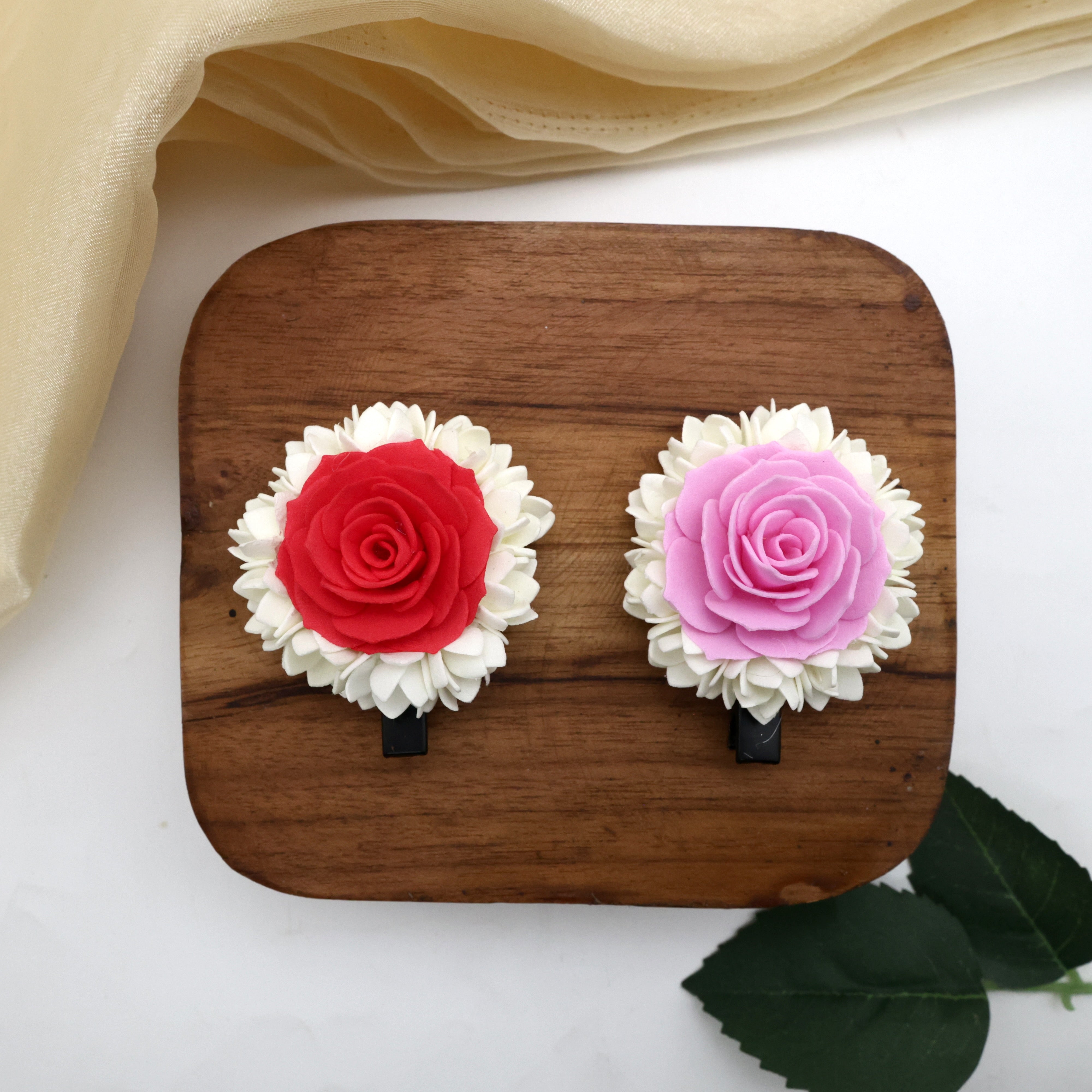 Handmade Foam Waterproof Double Layer Malli Poo With Rose Alligator Pin Hair Clips