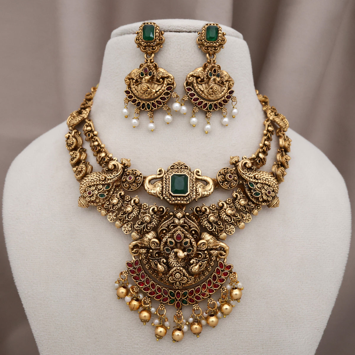 Antique Matte Double Line Peacock Bridal Budget Necklace Set