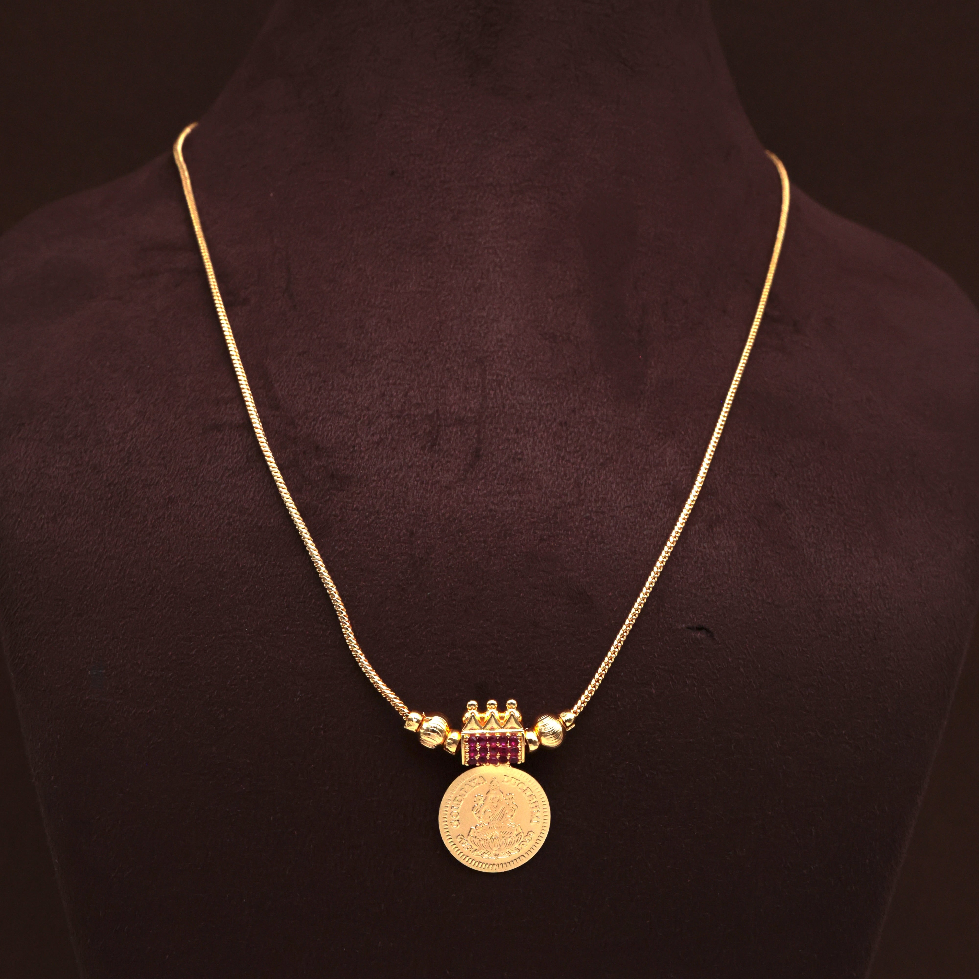 Real Gold Tone Kerala Single Lakshmi Coin Pendant Chain