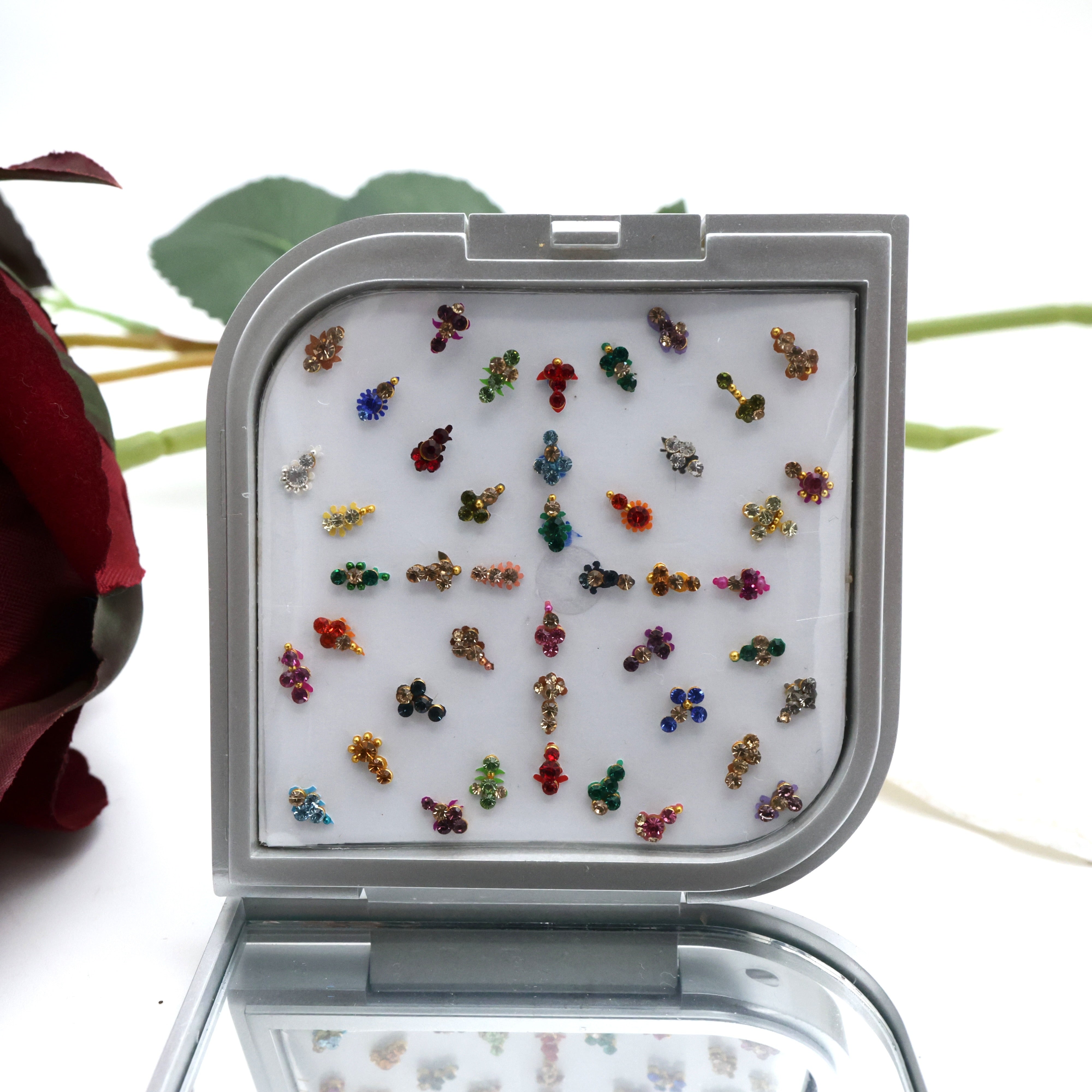 PREMIUM STONE FLOWER FANCY SMALL TILAK BINDI BOX WITH MIRROR