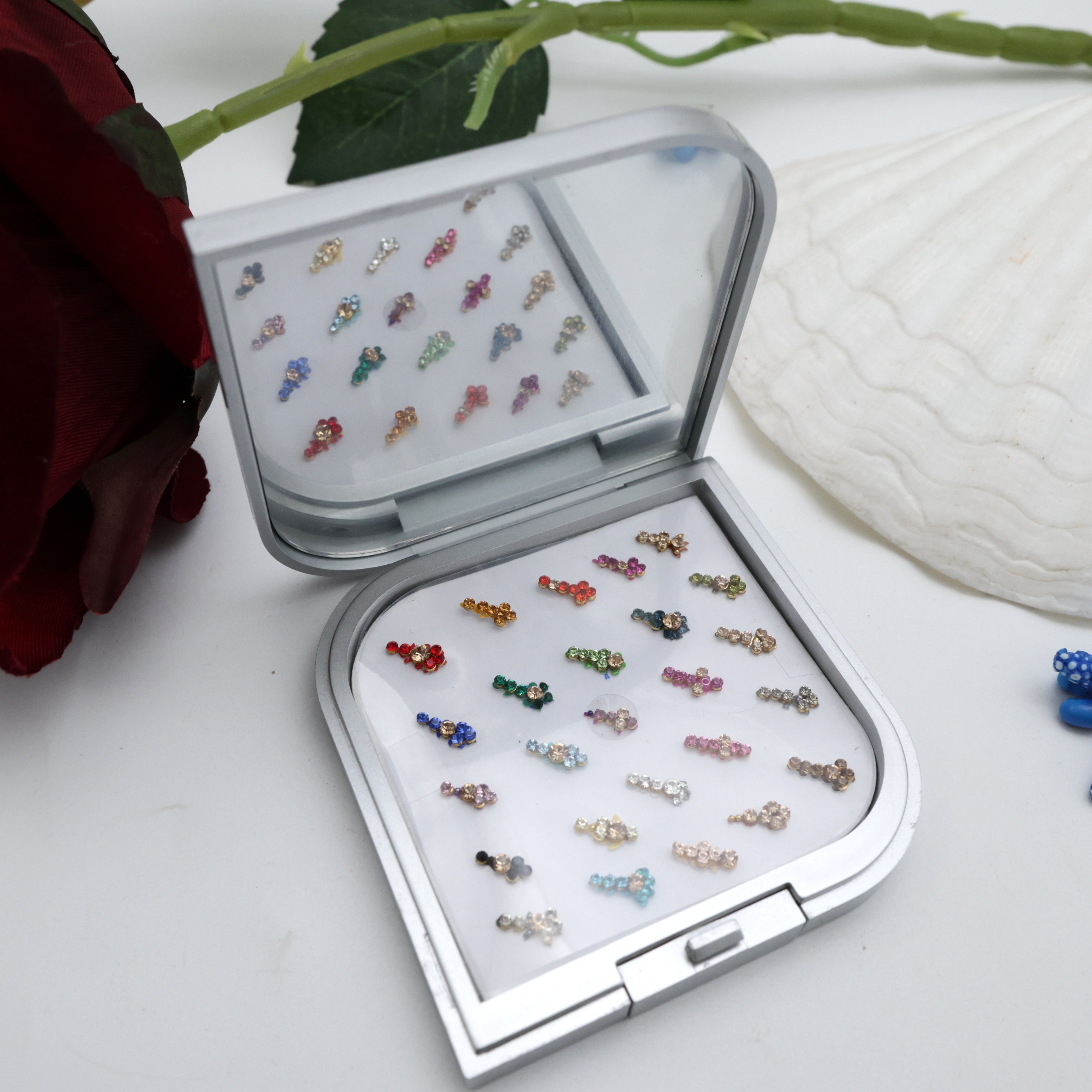 PREMIUM STONE FLOWER FANCY TILAK BINDI BOX WITH MIRROR