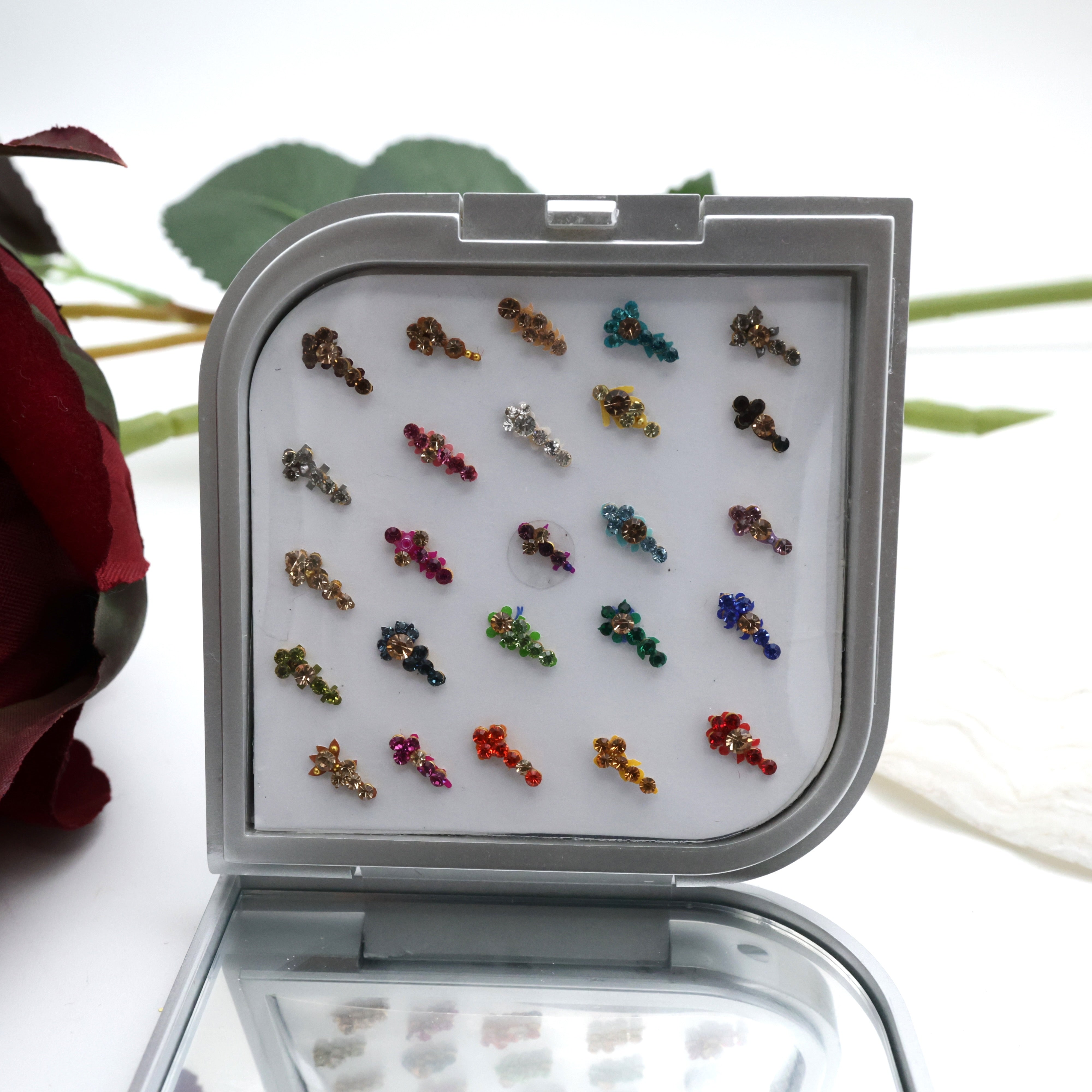 PREMIUM STONE FLOWER FANCY TILAK BINDI BOX WITH MIRROR
