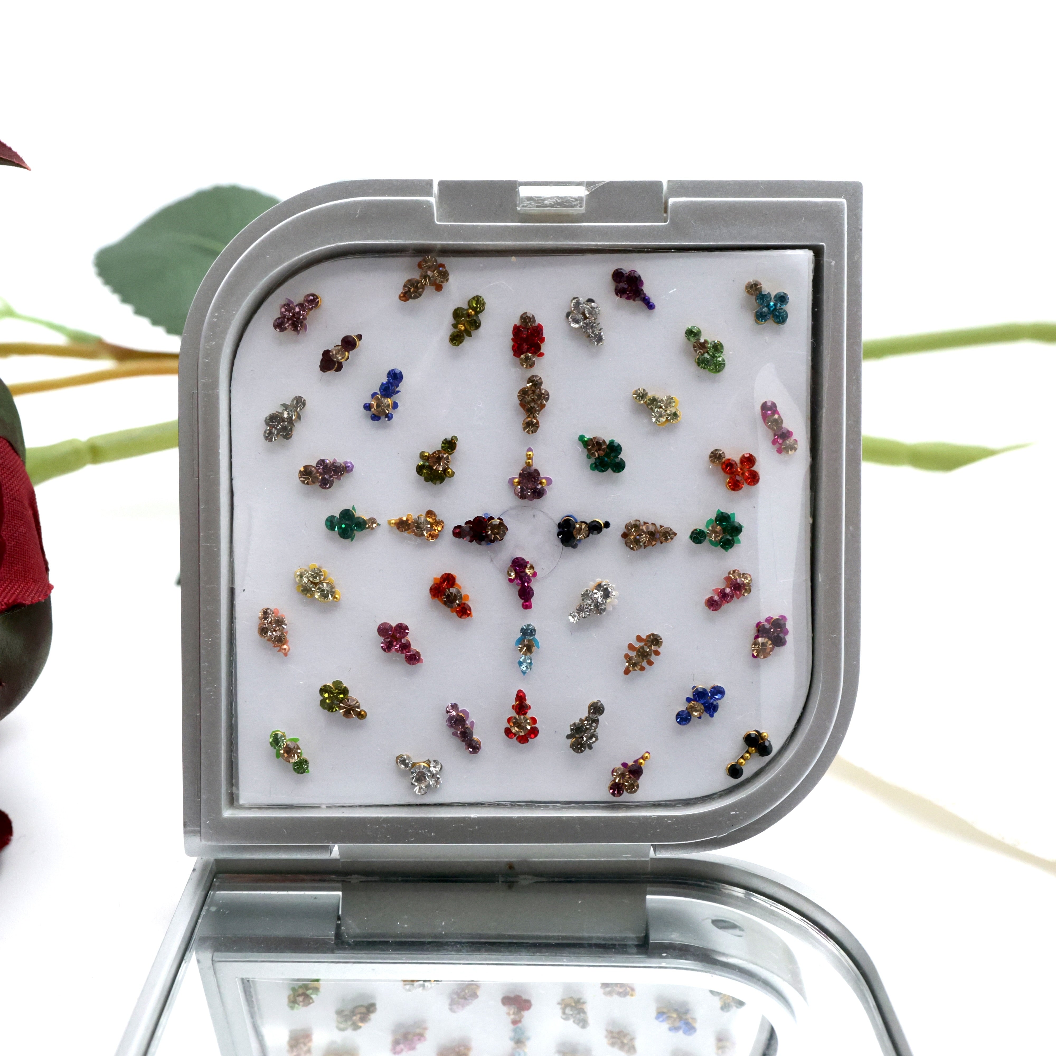 PREMIUM STONE WORK FANCY TILAK FLOWER BINDI BOX WITH MIRROR