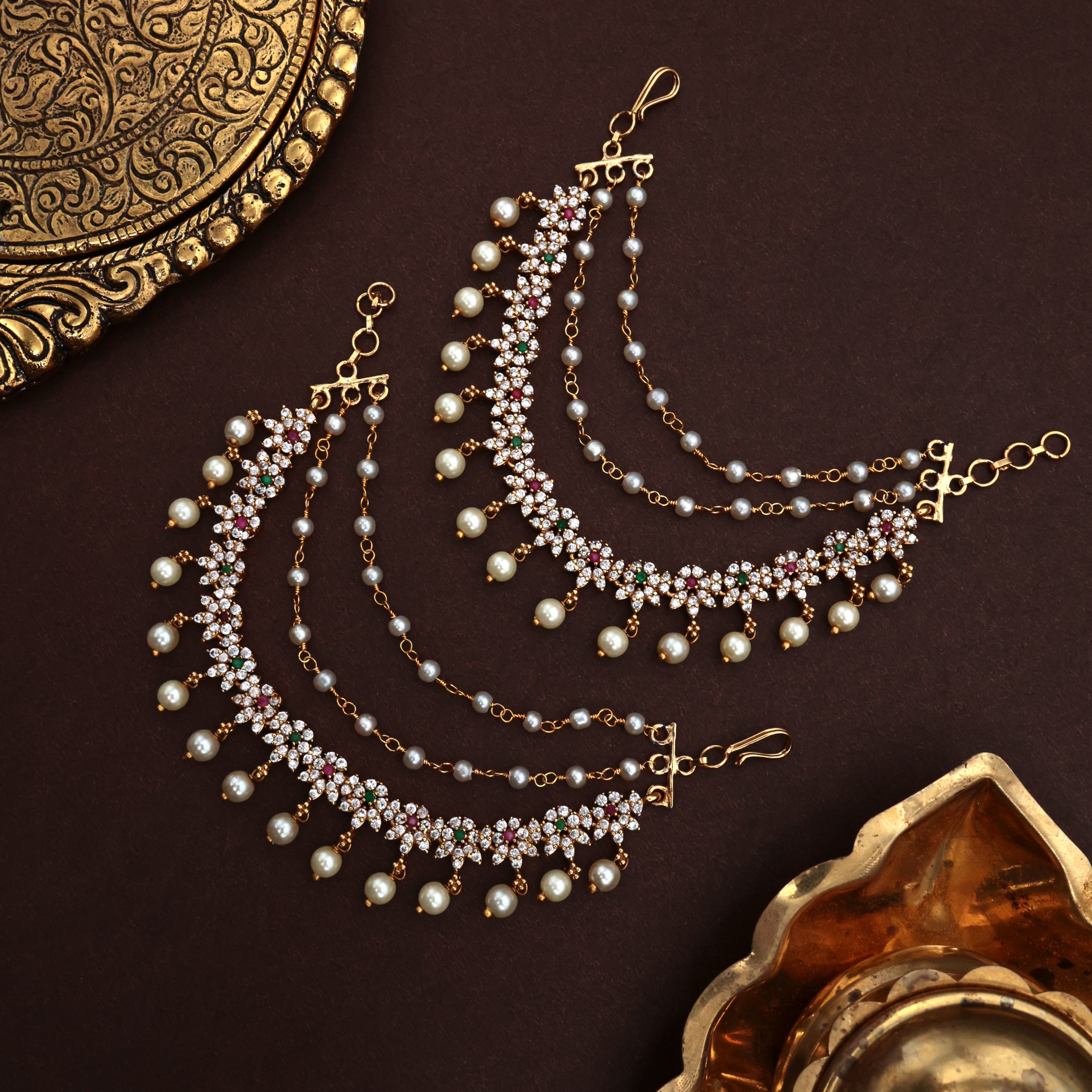 Diamond Flowers 3 Line Bridal Ear Chain / Maatal