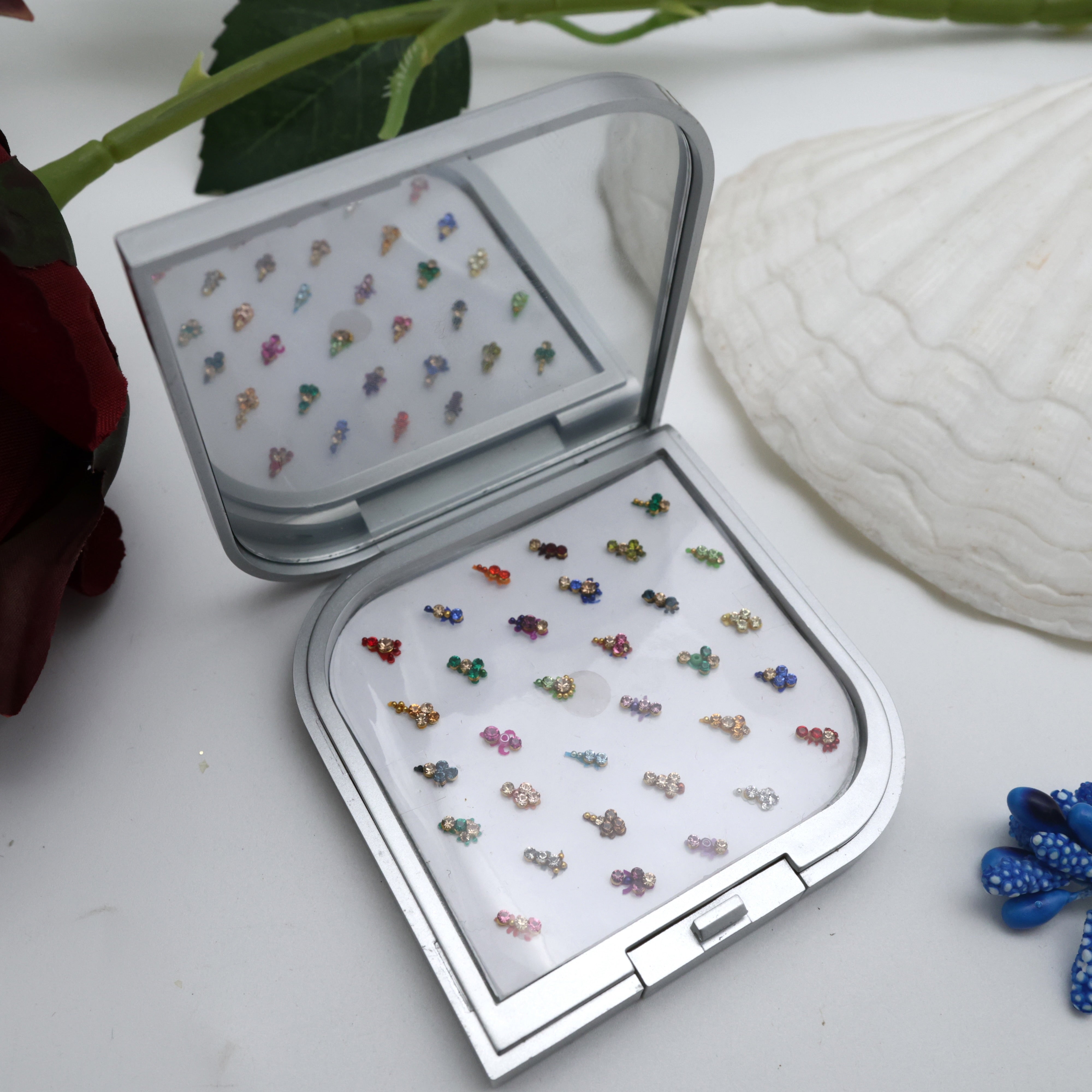 PREMIUM STONE WORK FANCY FLOWER BINDI BOX WITH MIRROR