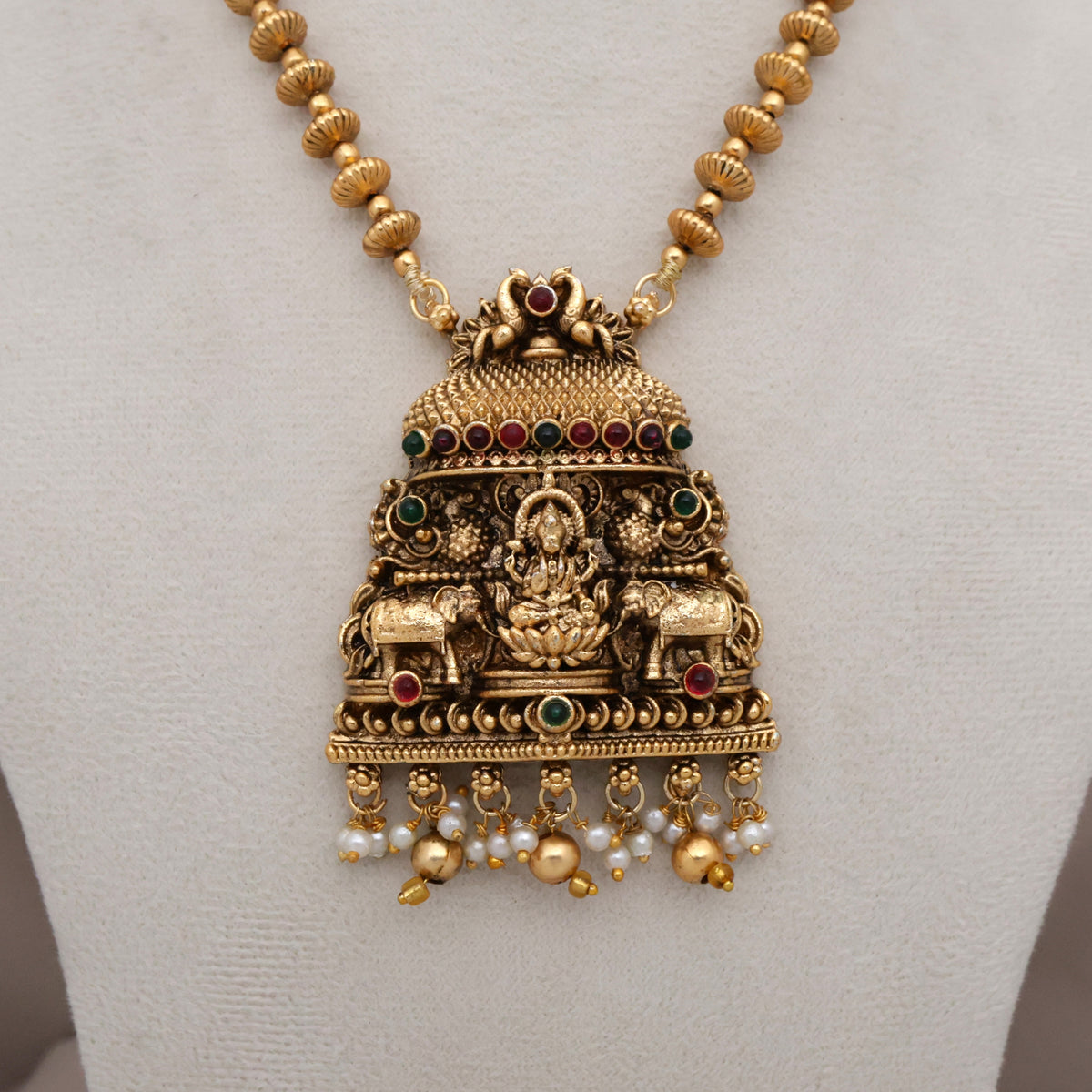 Antique Matte Chakri Beads Lakshmi Temple Pendant Budget Mala Set