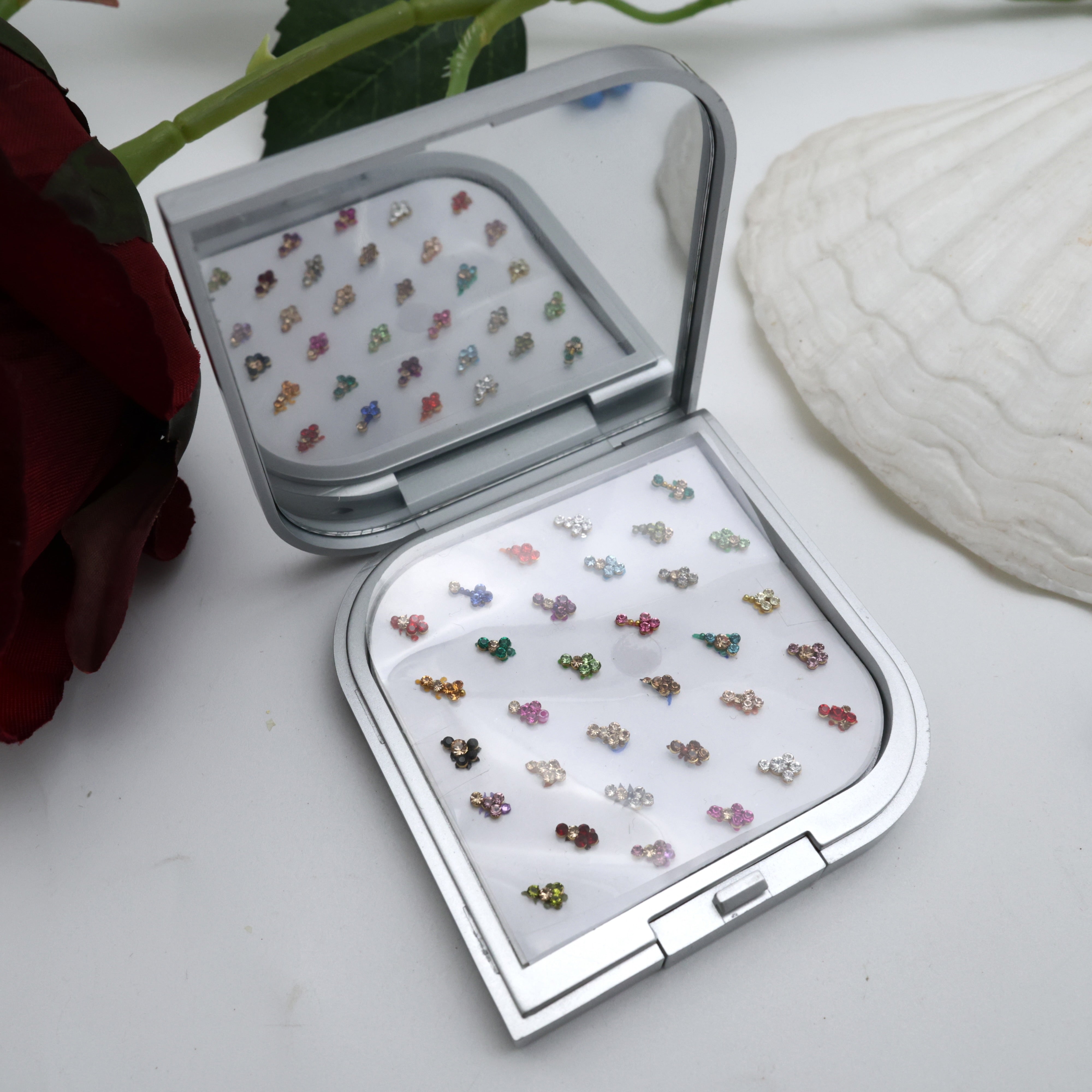 PREMIUM FANCY SMALL FLOWER TILAK STONE WORK BINDI BOX WITH MIRROR