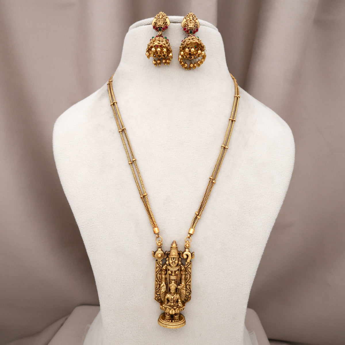 Antique Nagas Venkateshwara Lakshmi Pendant Double Line Gundu Mani Mala Necklace Set