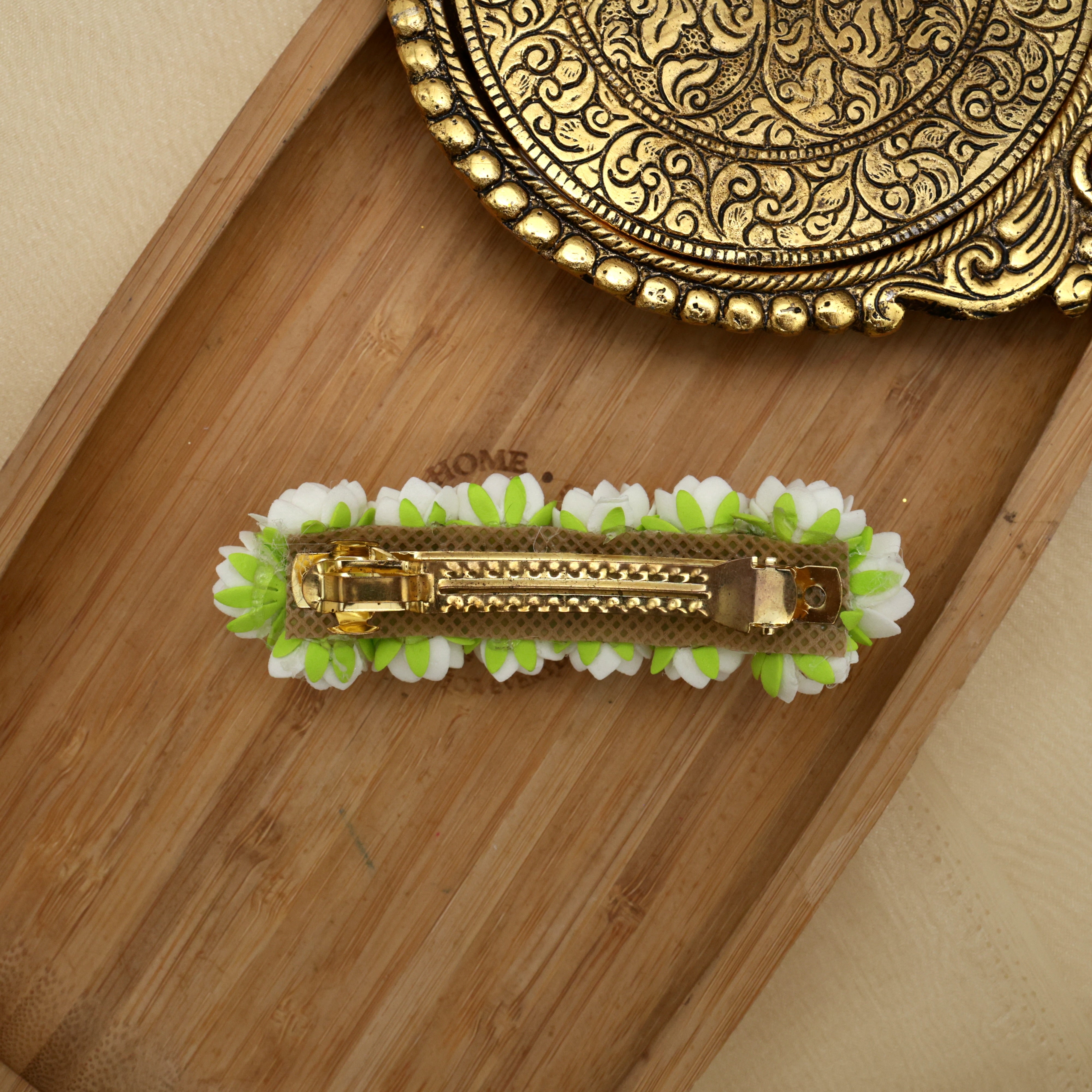 Handmade Foam 3 Line Double Bloom Jasmine With Green Cap French Barrette Hair Clip For Women