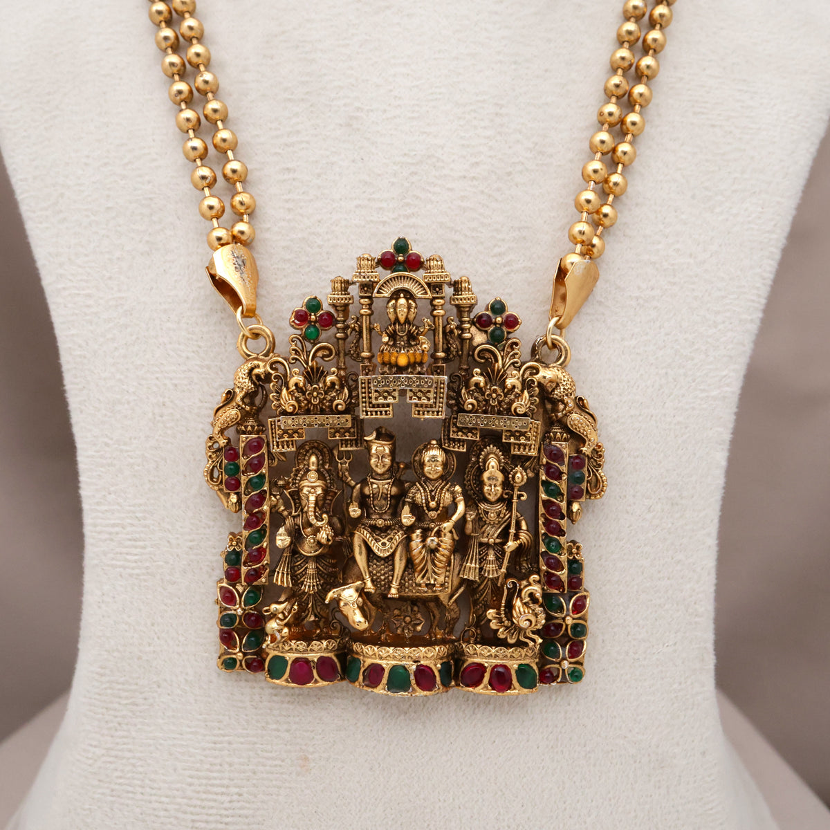 Antique Nagas Shiv Parvati Ganesha Muruga Pendant Double Line Mani Mala Necklace Set