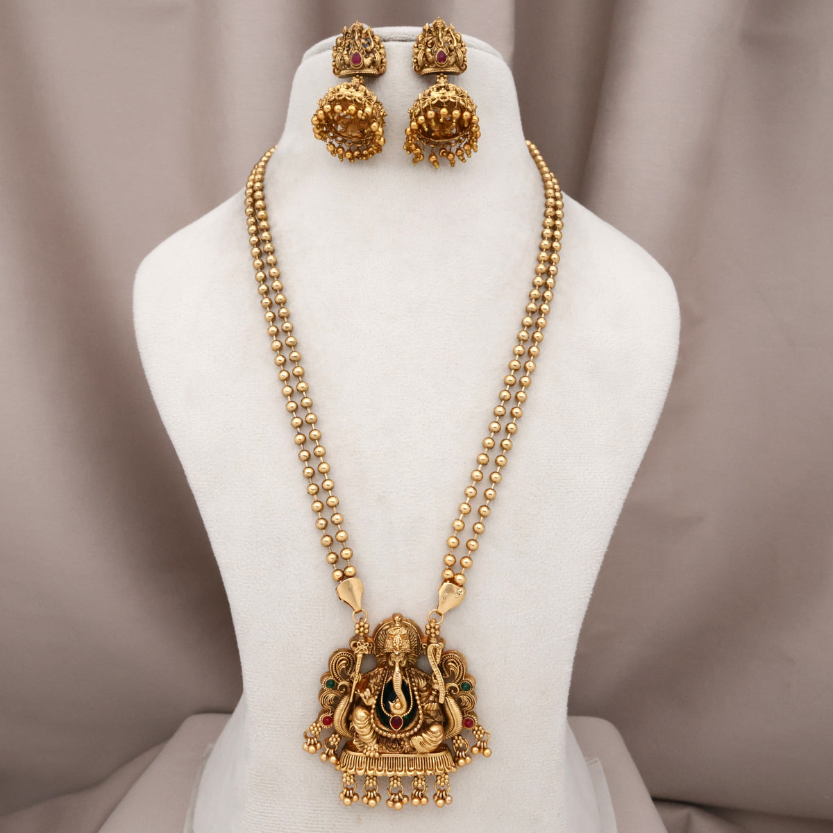 Antique Nagas Ganapathy Pendant Double Line Mani Mala Necklace Set