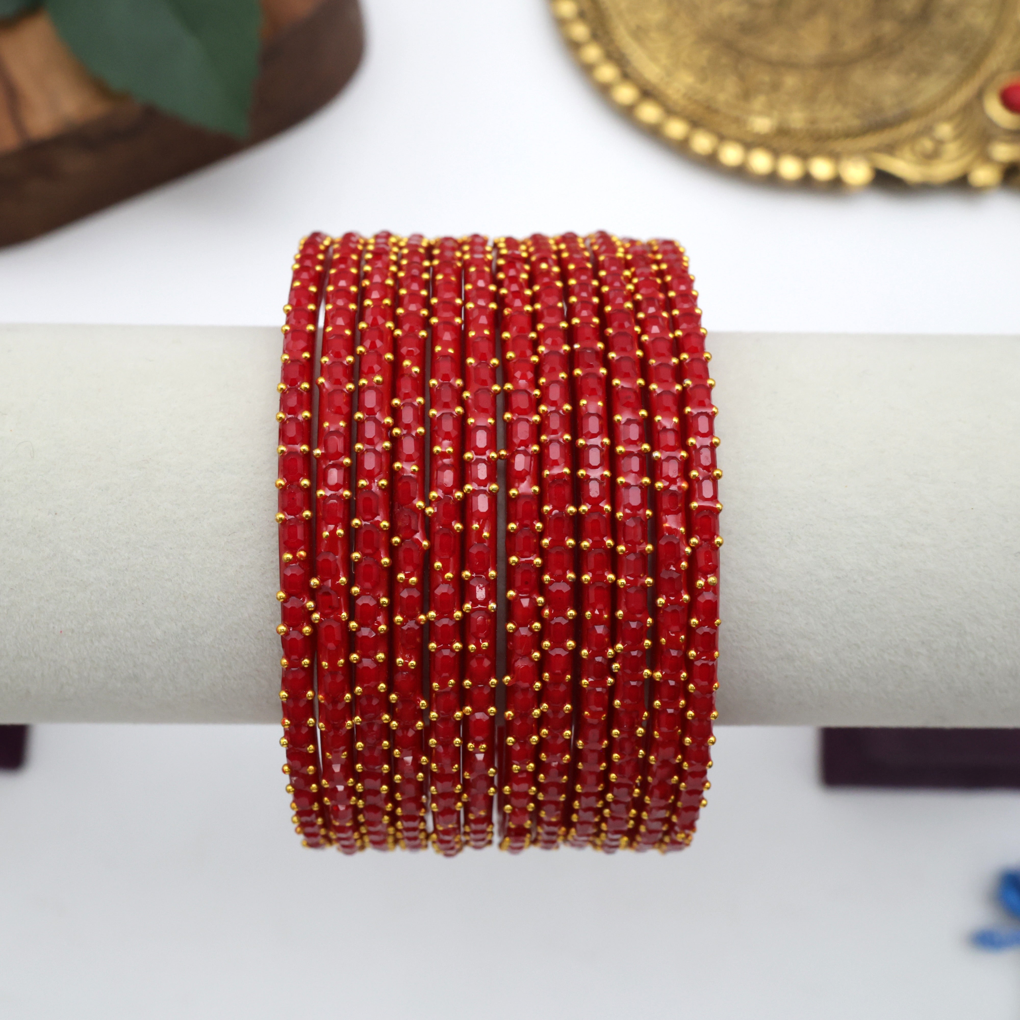 PREMIUM BRICK CUT GLASS BANGLES (ONE DOZEN) - RED