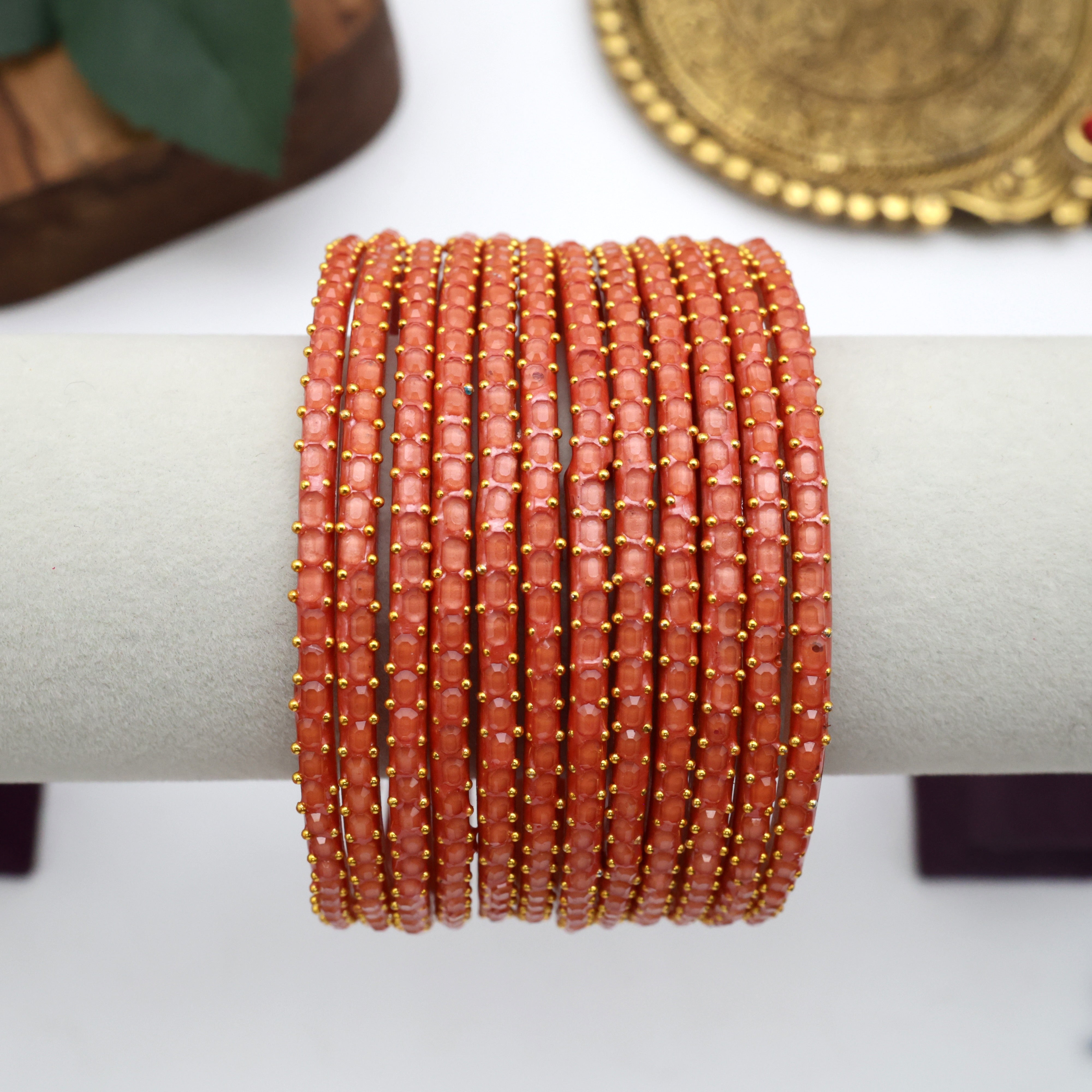 PREMIUM BRICK CUT GLASS BANGLES (ONE DOZEN) - LIGHT ORANGE
