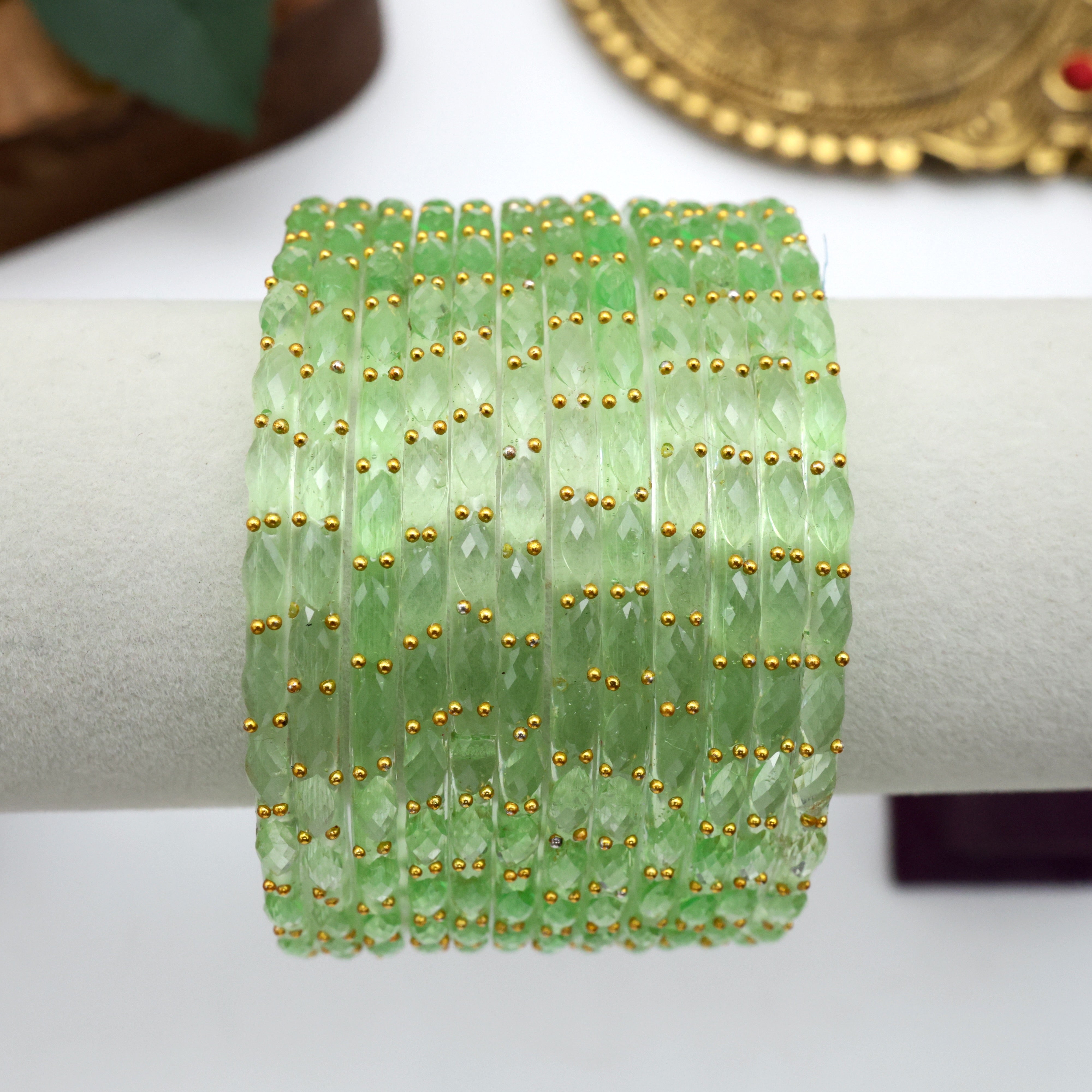 Raindrop Crystal Cut Glass Bangles - Mint green