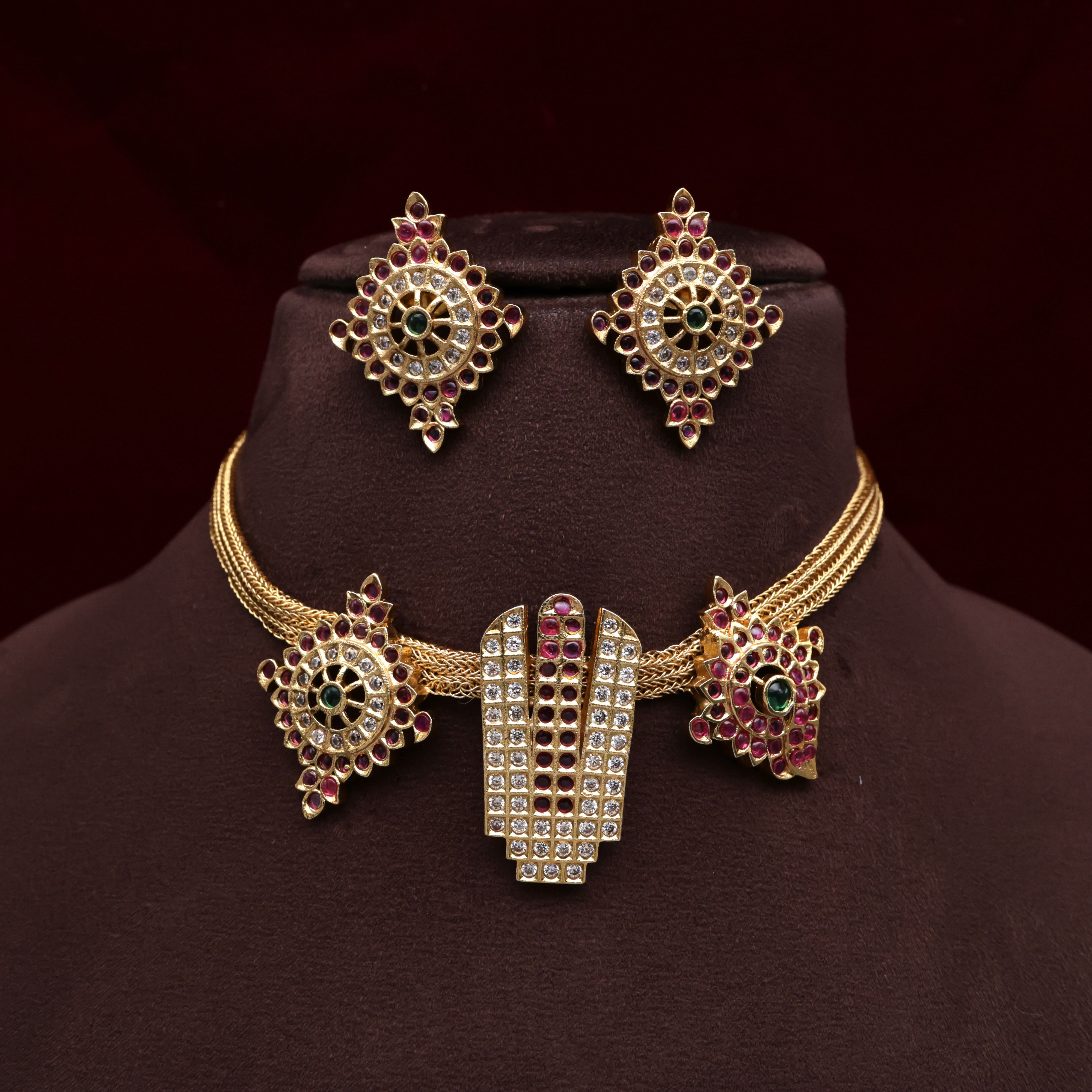 Antique AD Premium Shankh Chakra Namam Thiruman Choker Necklace Set