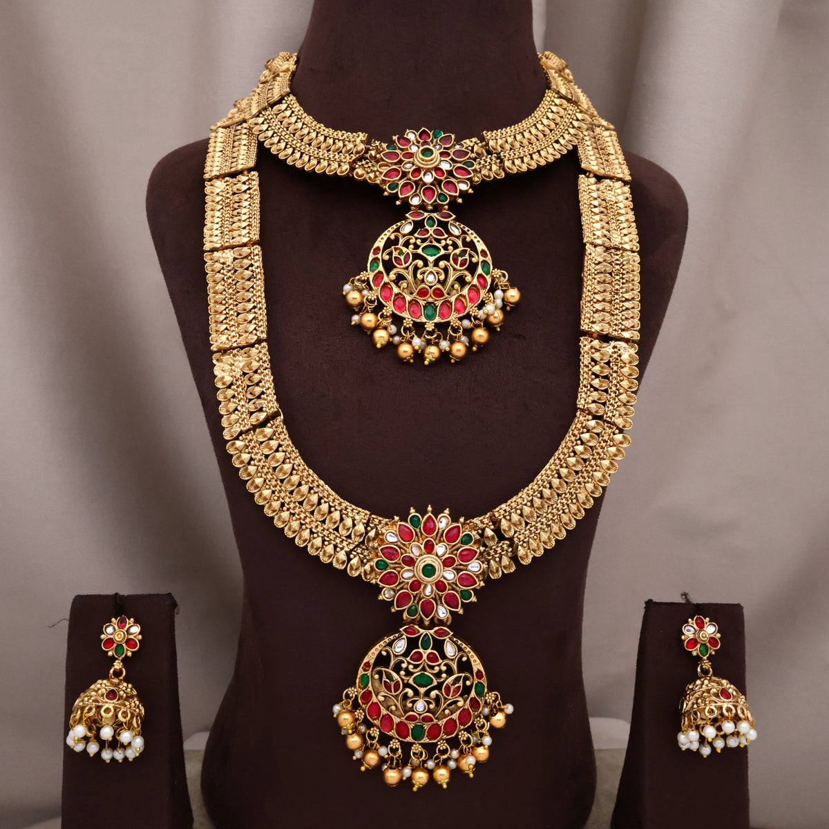 Antique Doubel Layer Tilak Drops Kemp Chaandbali Pendant Budget Bridal Combo Set