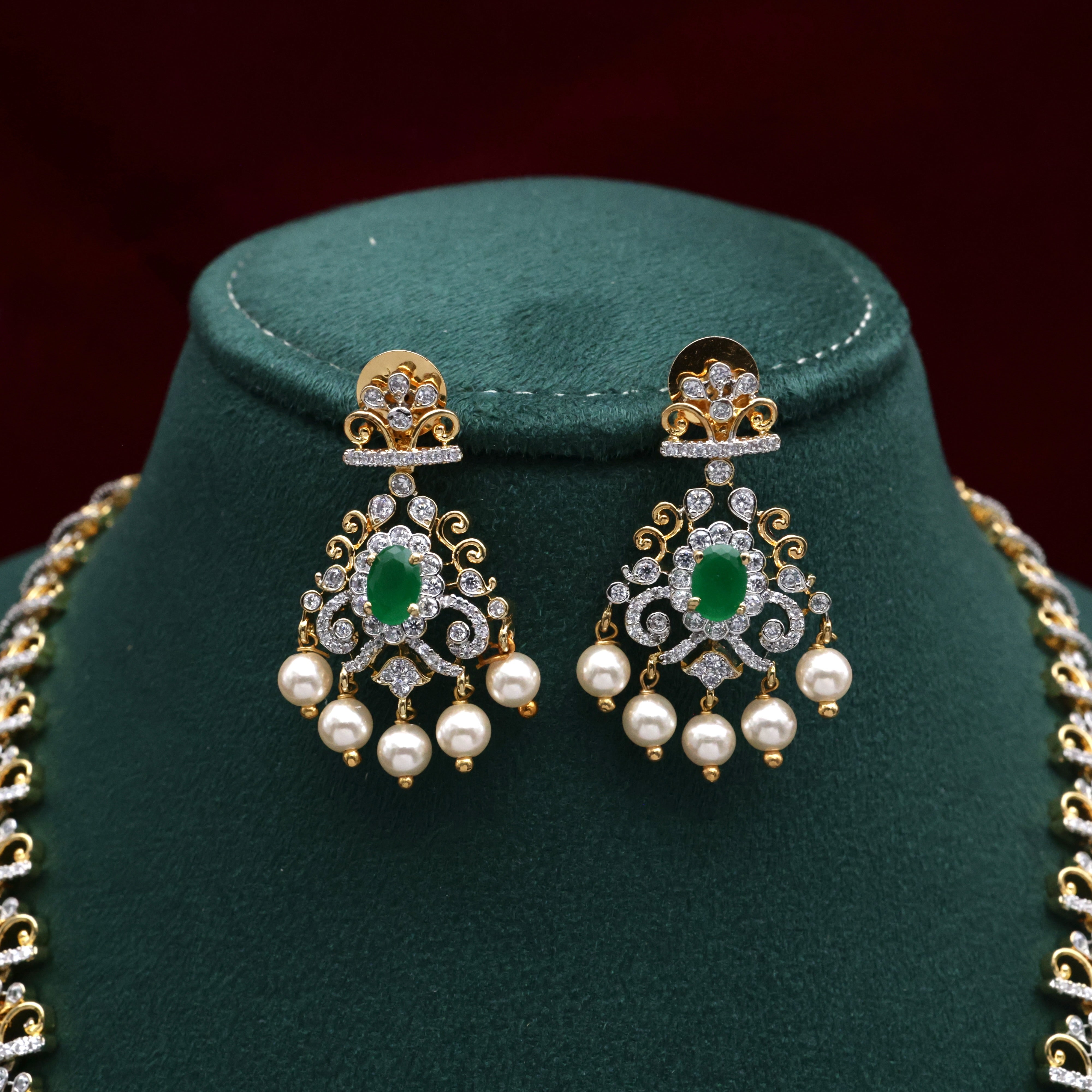 Diamond Look AD Tilak Drop Flower Pearls Bridal Haaram - Green