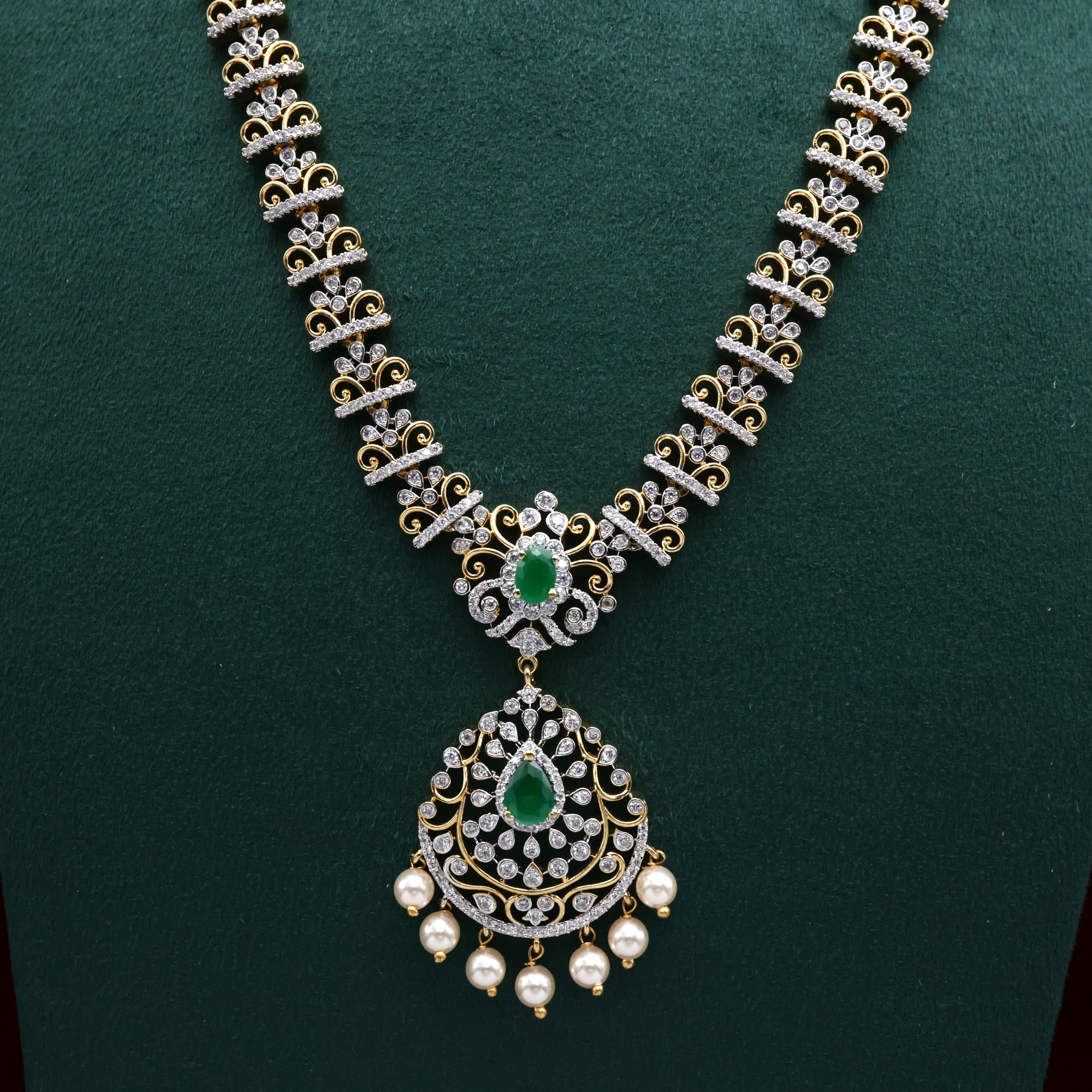 Diamond Look AD Tilak Drop Flower Pearls Bridal Haaram - Green
