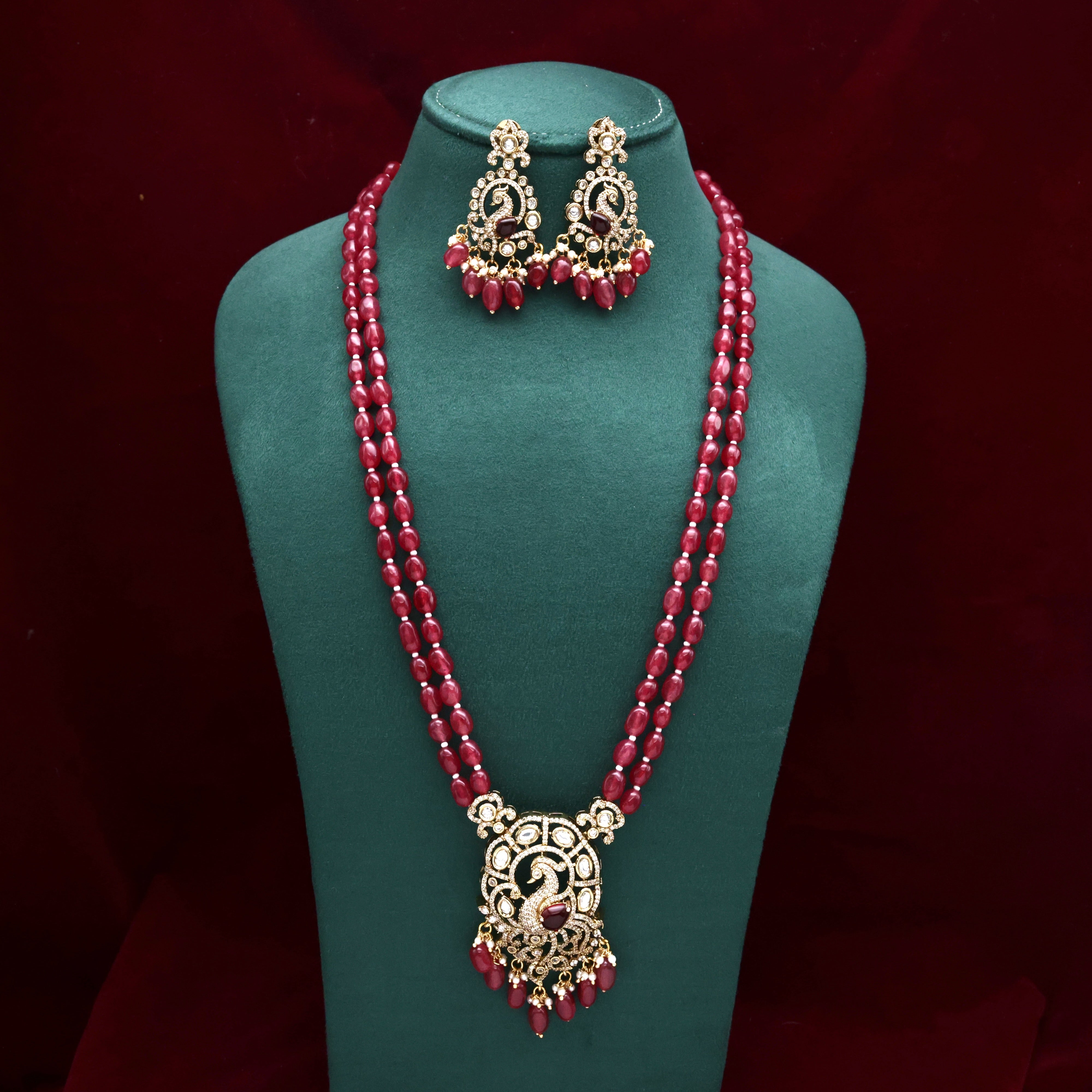 Victorian Peacock Pendant Beads Haaram Set - Ruby