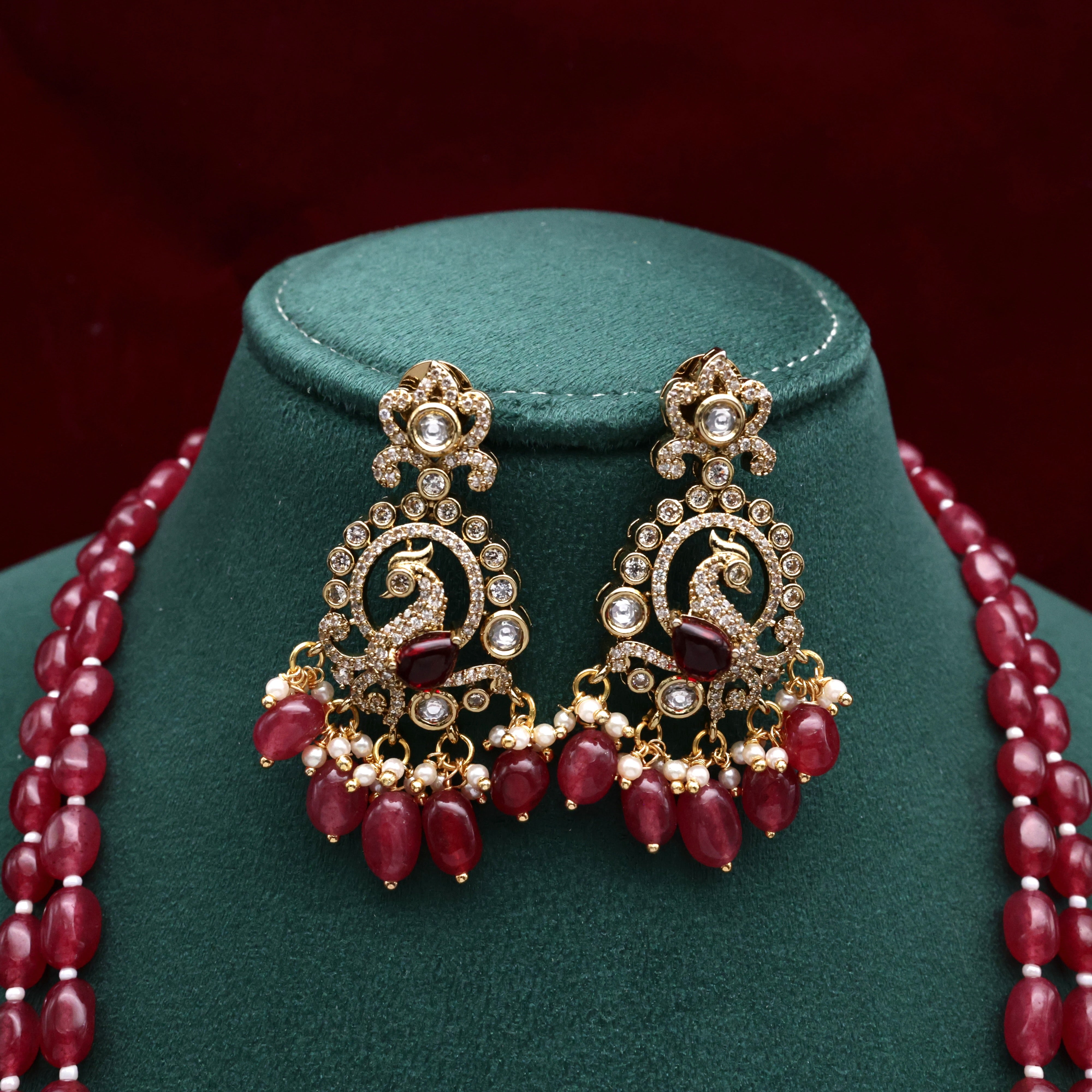 Victorian Peacock Pendant Beads Haaram Set - Ruby