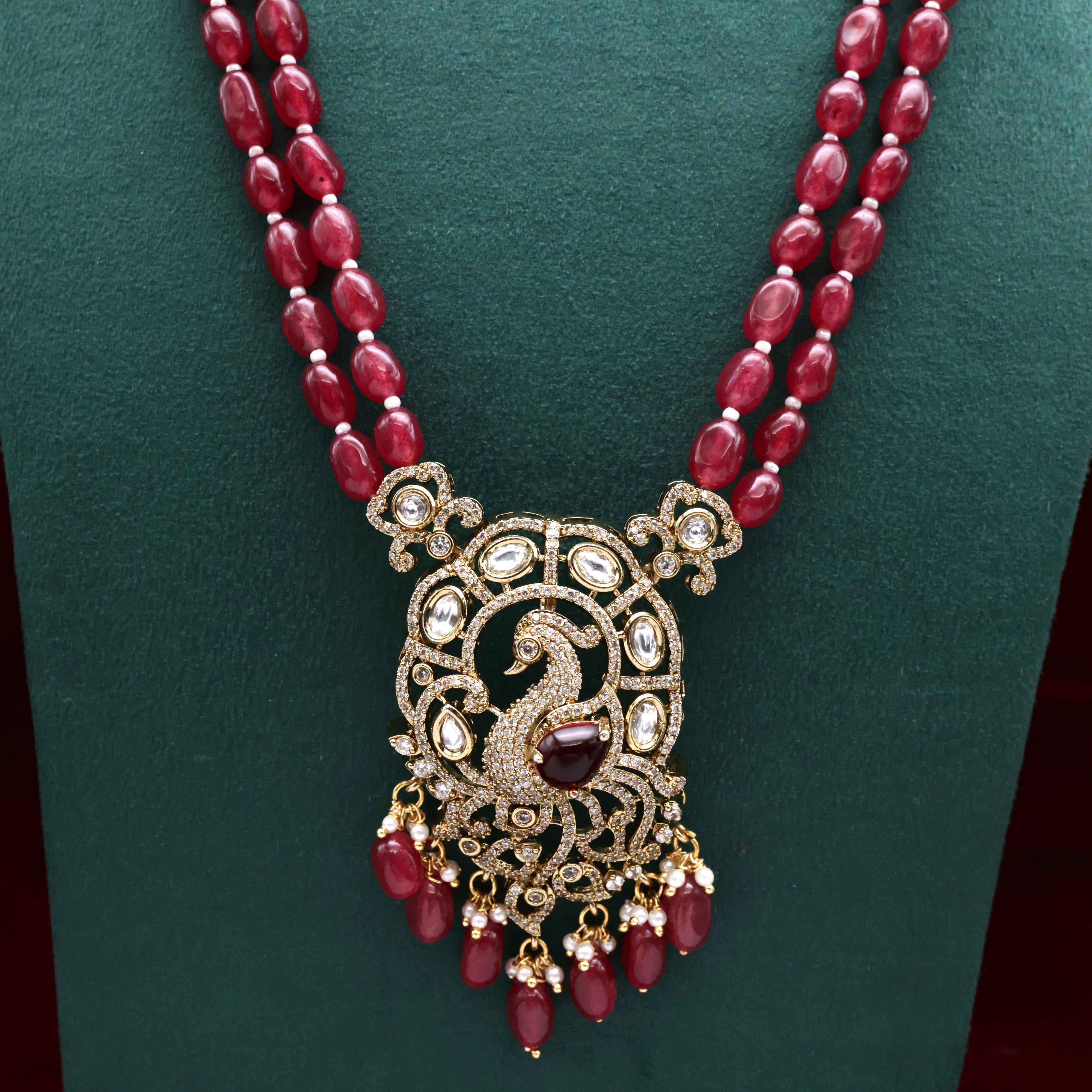 Victorian Peacock Pendant Beads Haaram Set - Ruby