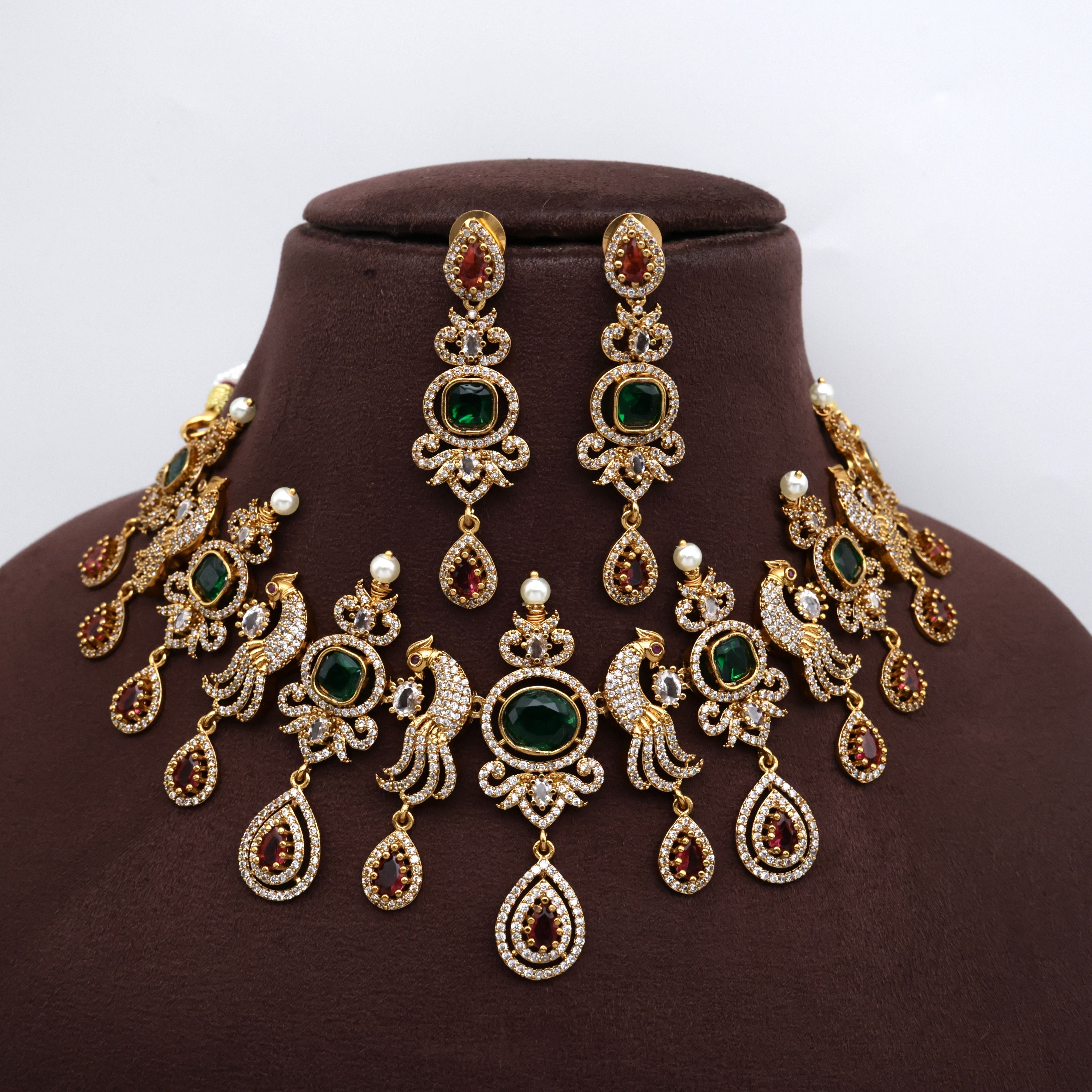 PREMIUM DIAMOND LOOK AD PEACOCK BRIDAL NECKLACE SET