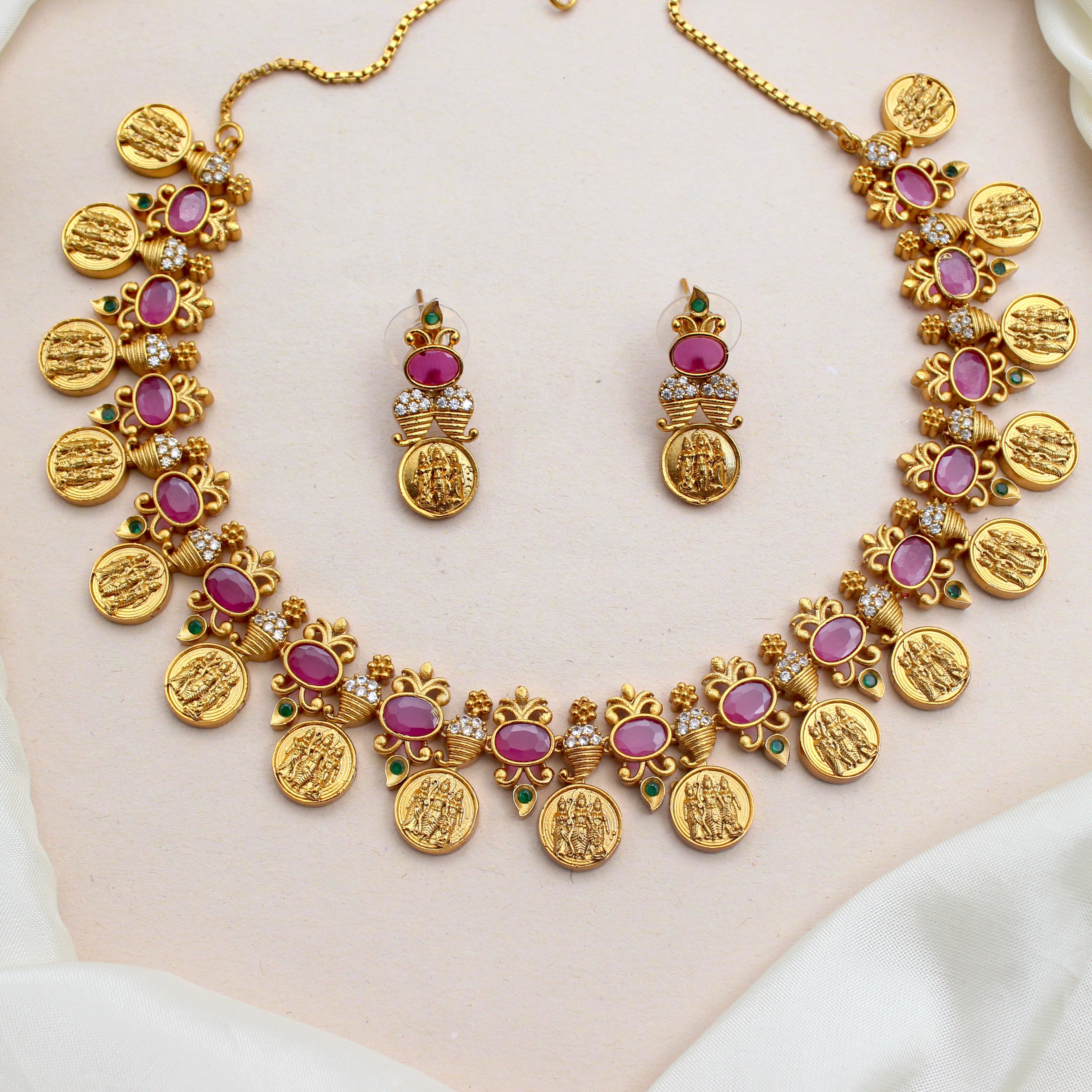 Antique Matte AD Ram Parivar Coin Necklace Set