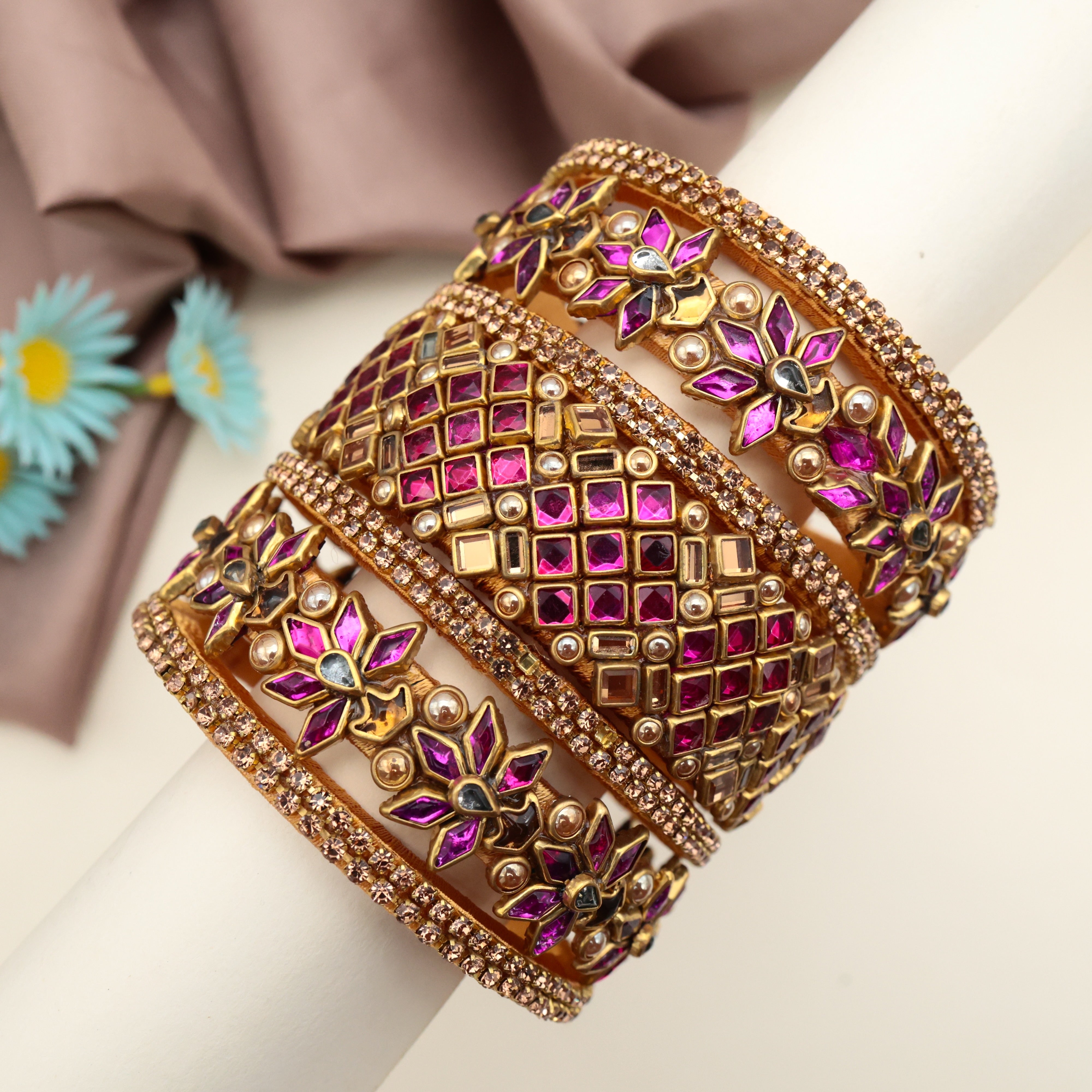 Handmade Silk Thread Kundan Bridal Bangles Set - Oorvasi