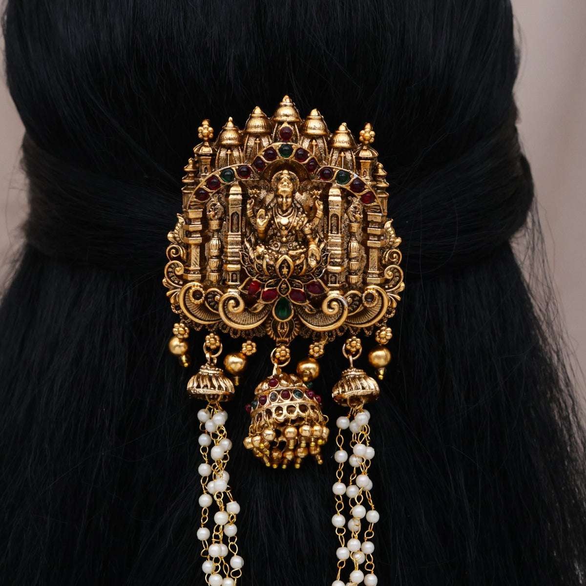 Antique Matte Temple Gopuram Lakshmi Jhumka Pearl Hanging Bridal Single Choti